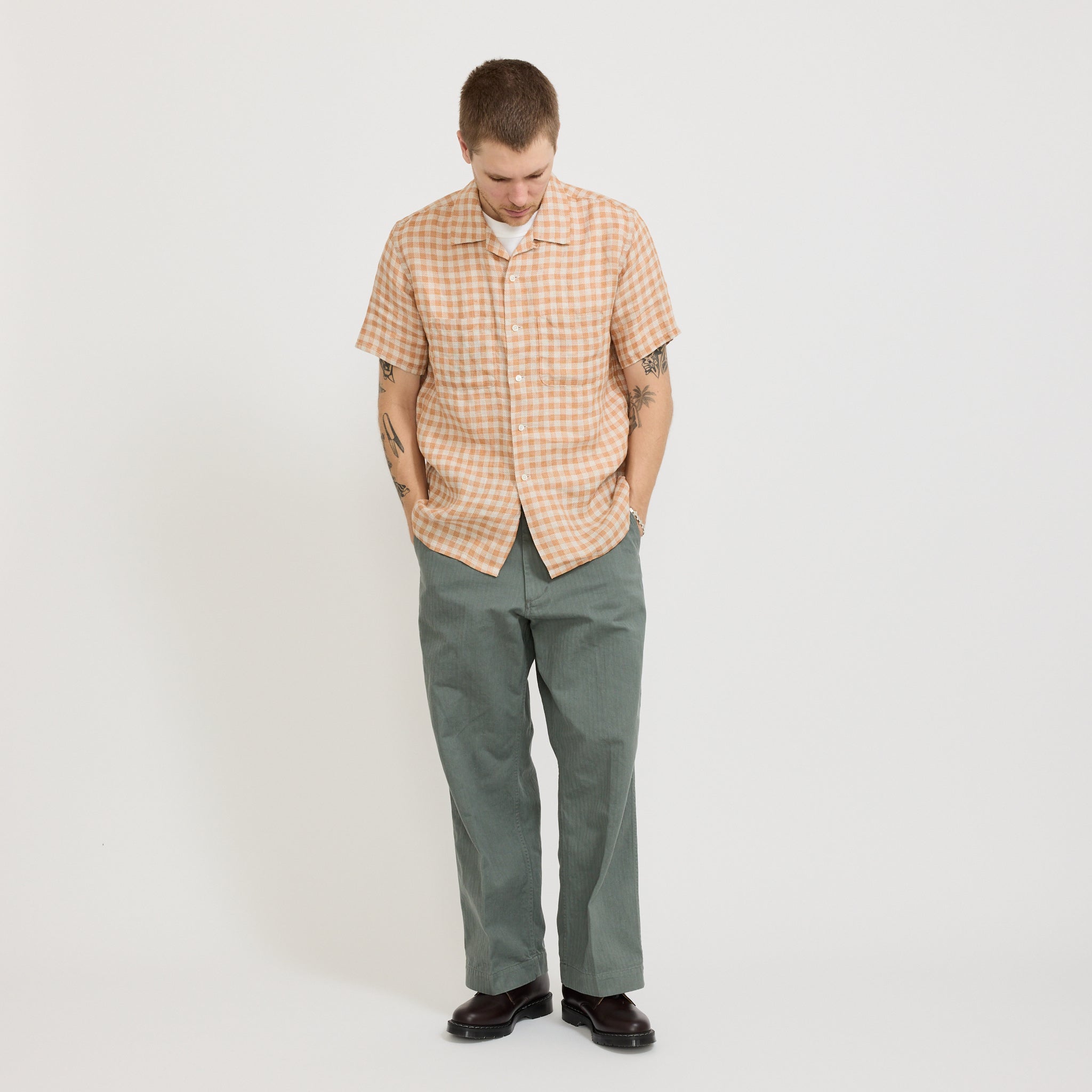Open Collar Panama Plaid Linen Shirt