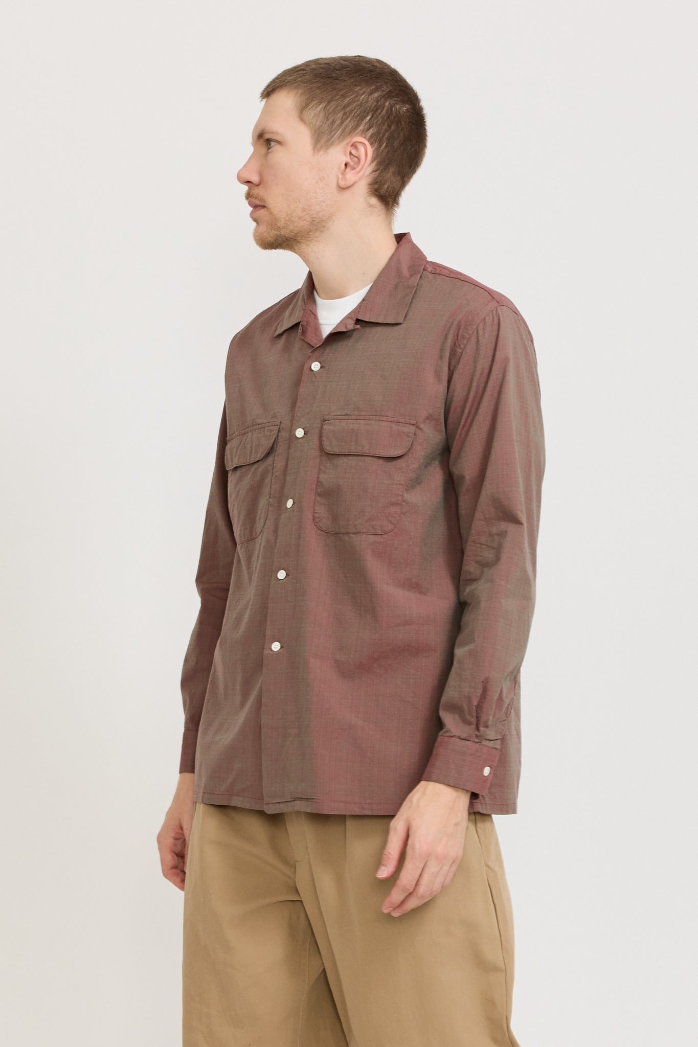 Open Collar Slab Chambray Shirt Red