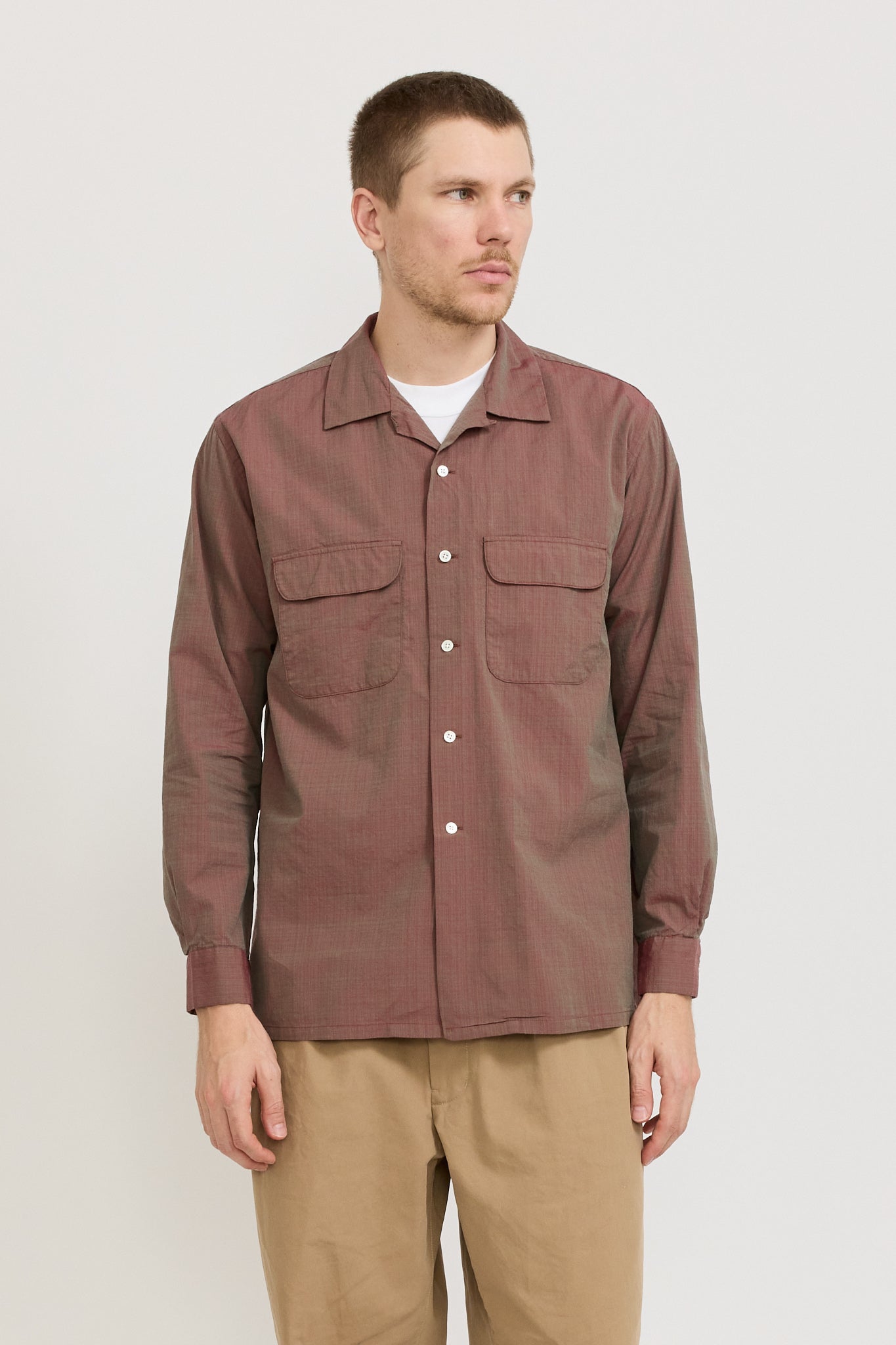 Open Collar Slab Chambray Shirt Red