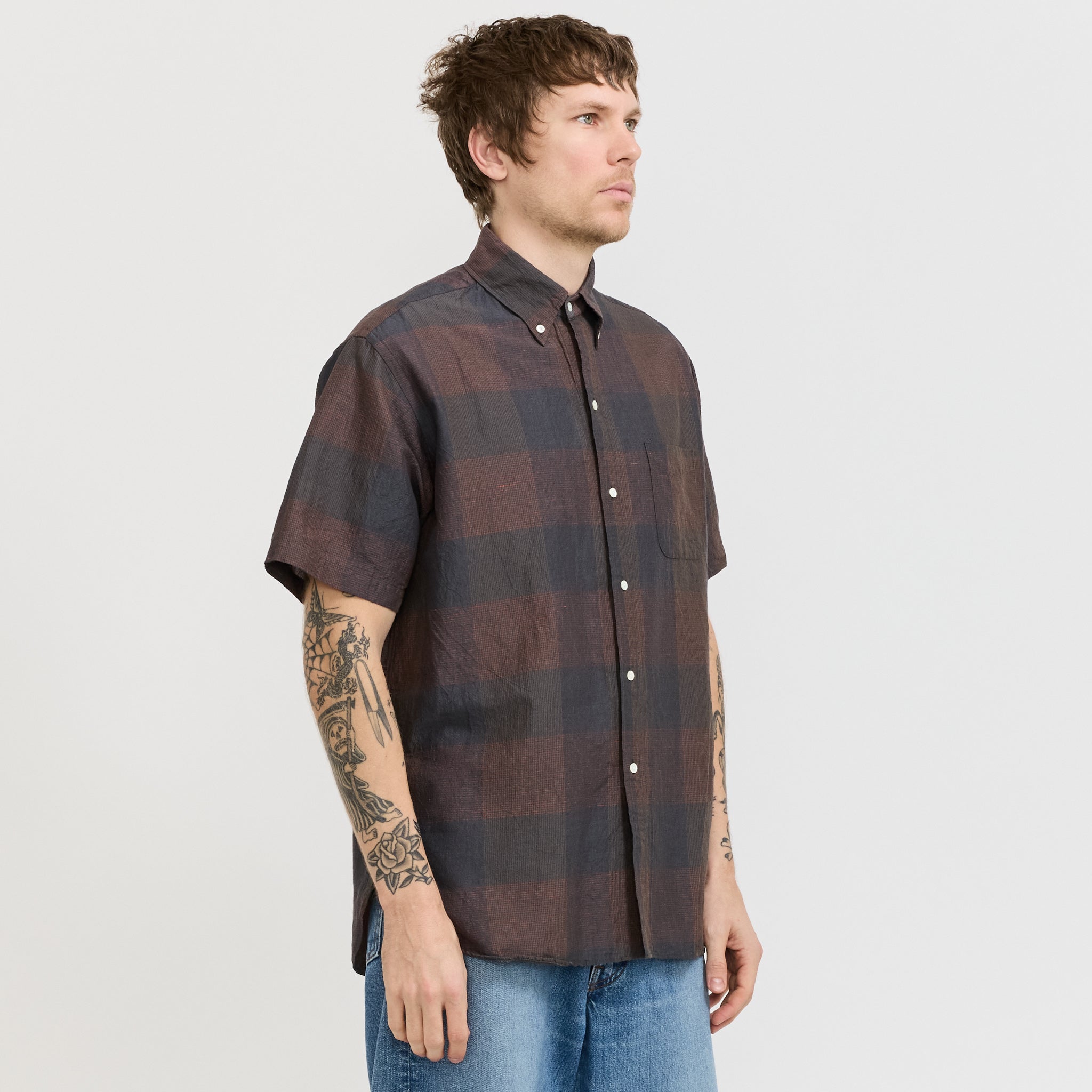 B.D. Classic Fit Cotton Linen Cord Check Navy/Pink