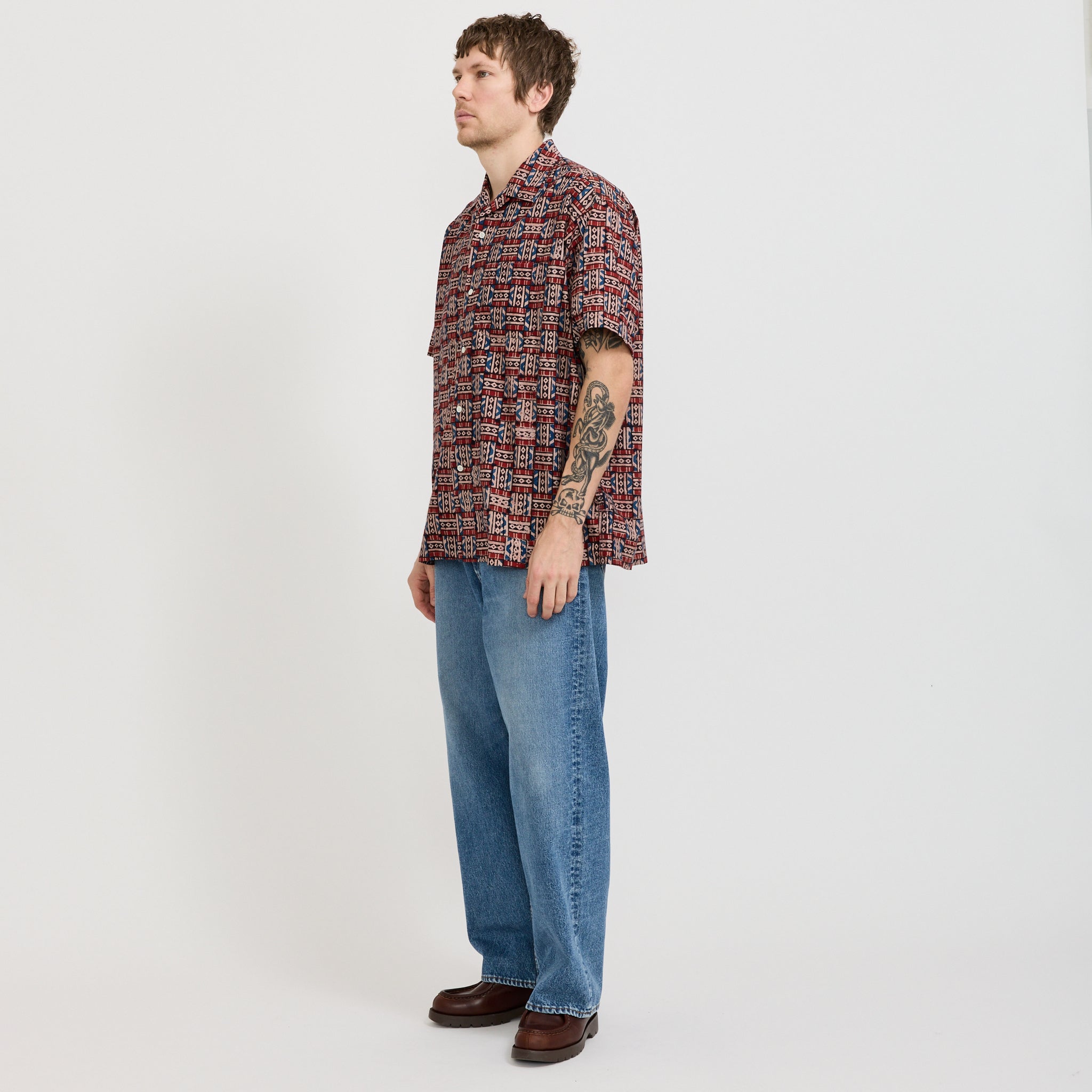 Open Collar Block Print Red