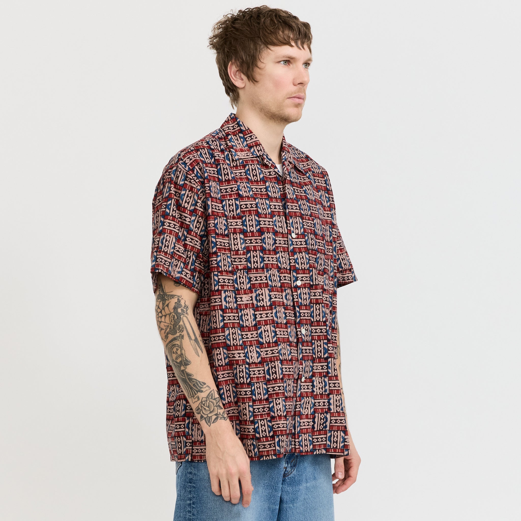 Open Collar Block Print Red