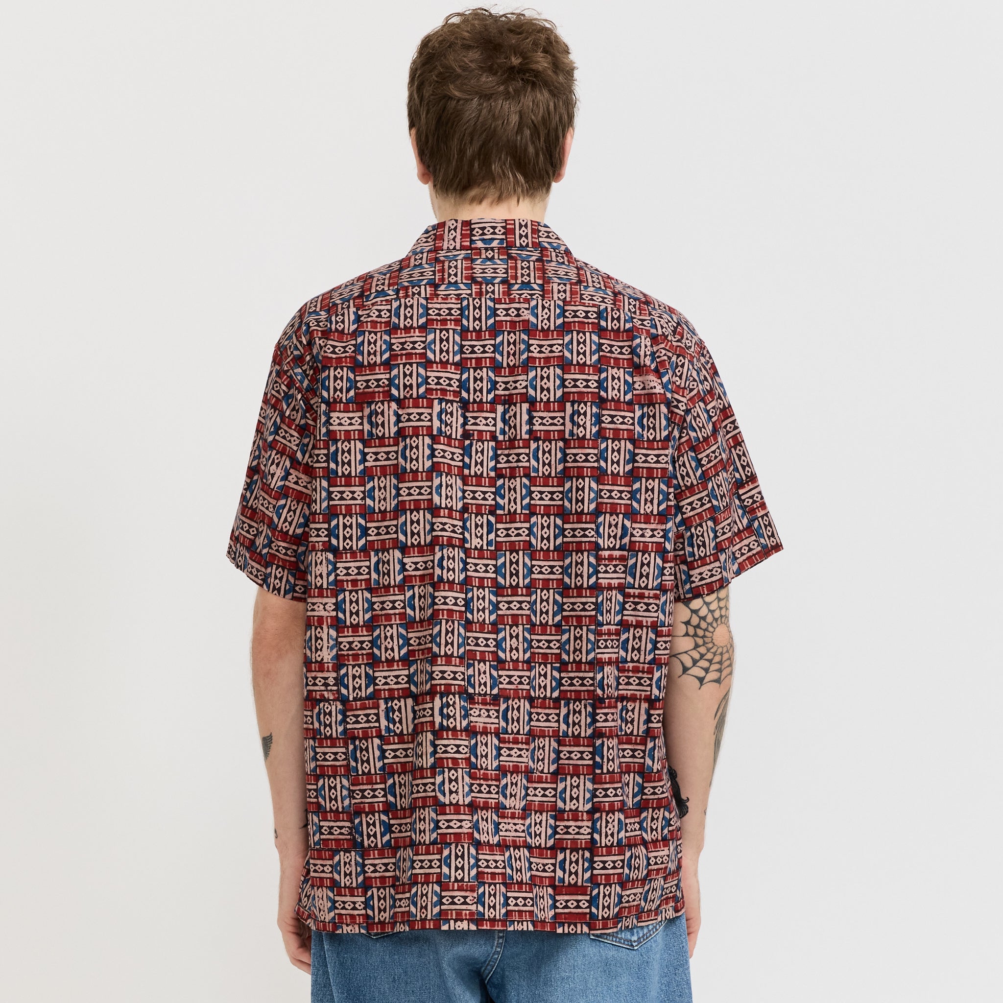 Open Collar Block Print Red