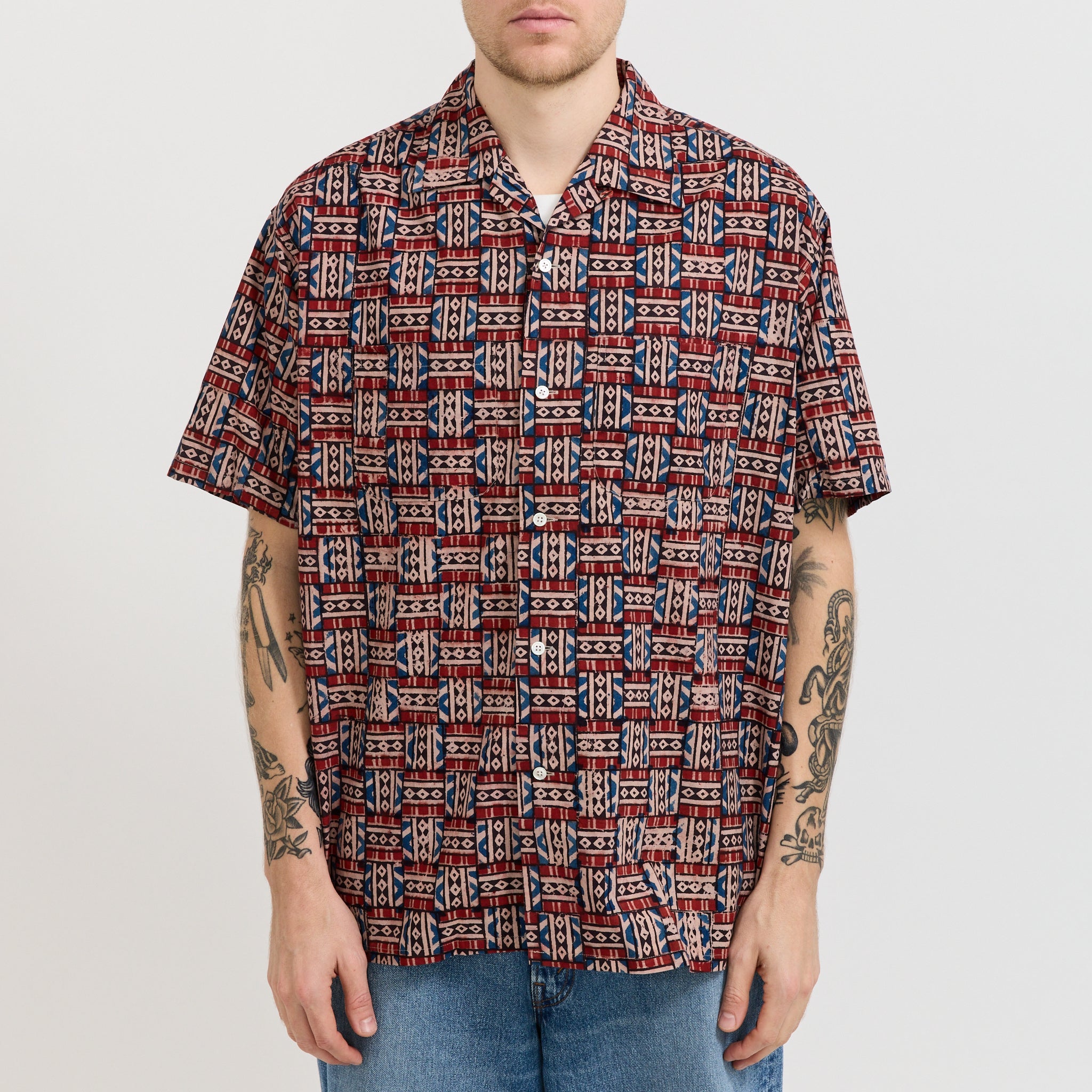 Open Collar Block Print Red