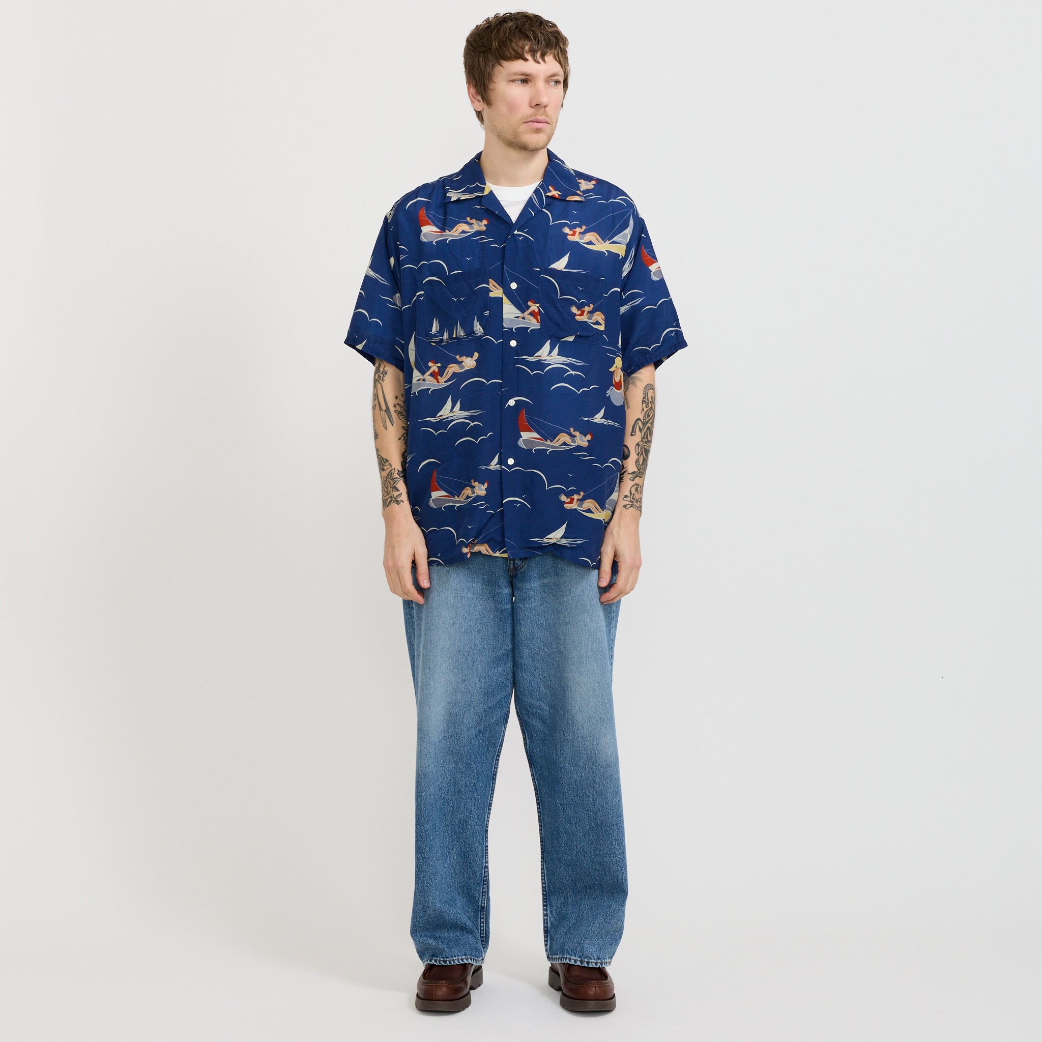 Open Collar Cupro Print Blue