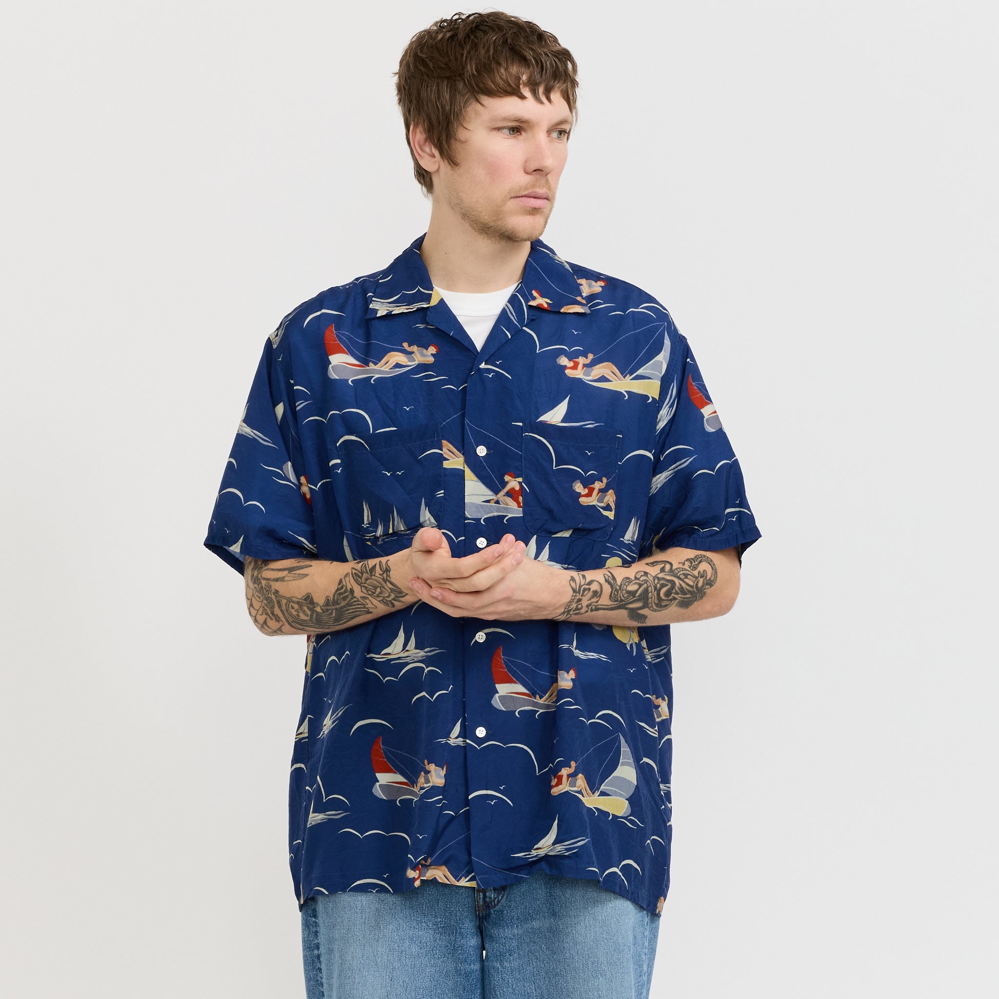 Open Collar Cupro Print Blue