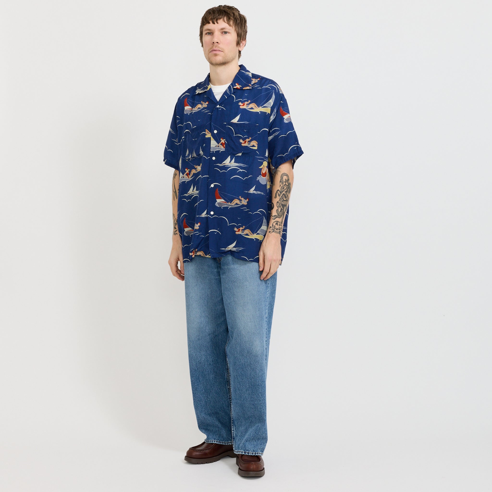 Open Collar Cupro Print Blue