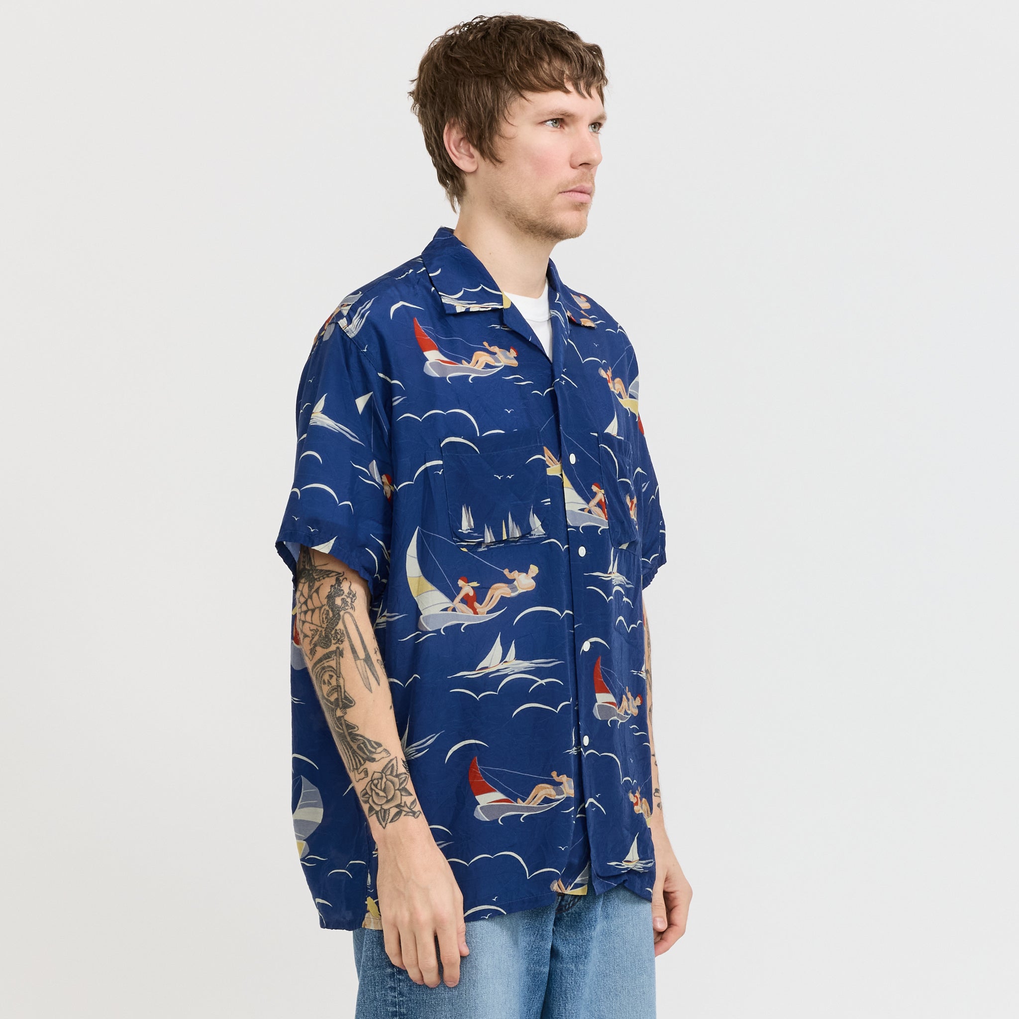 Open Collar Cupro Print Blue