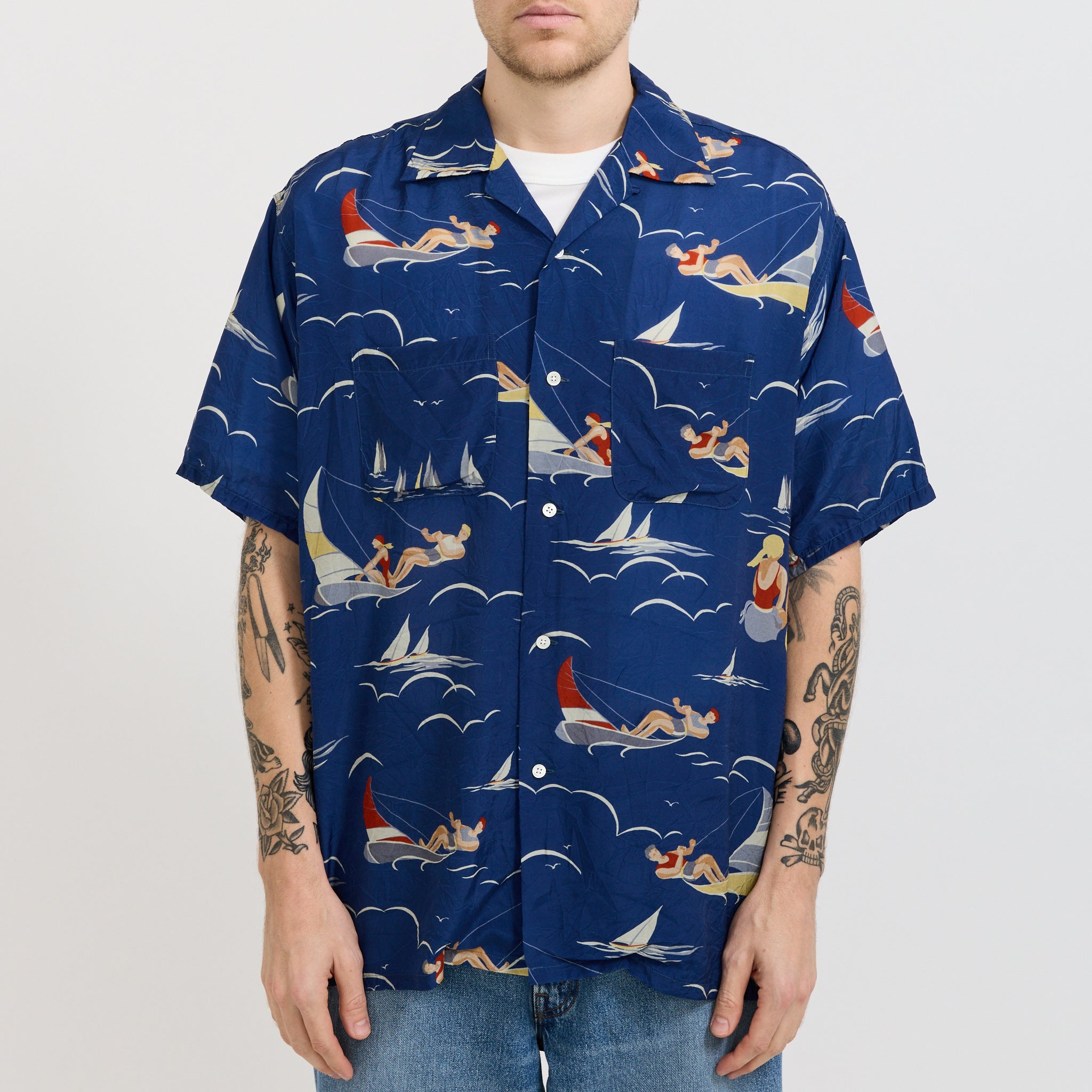 Open Collar Cupro Print Blue
