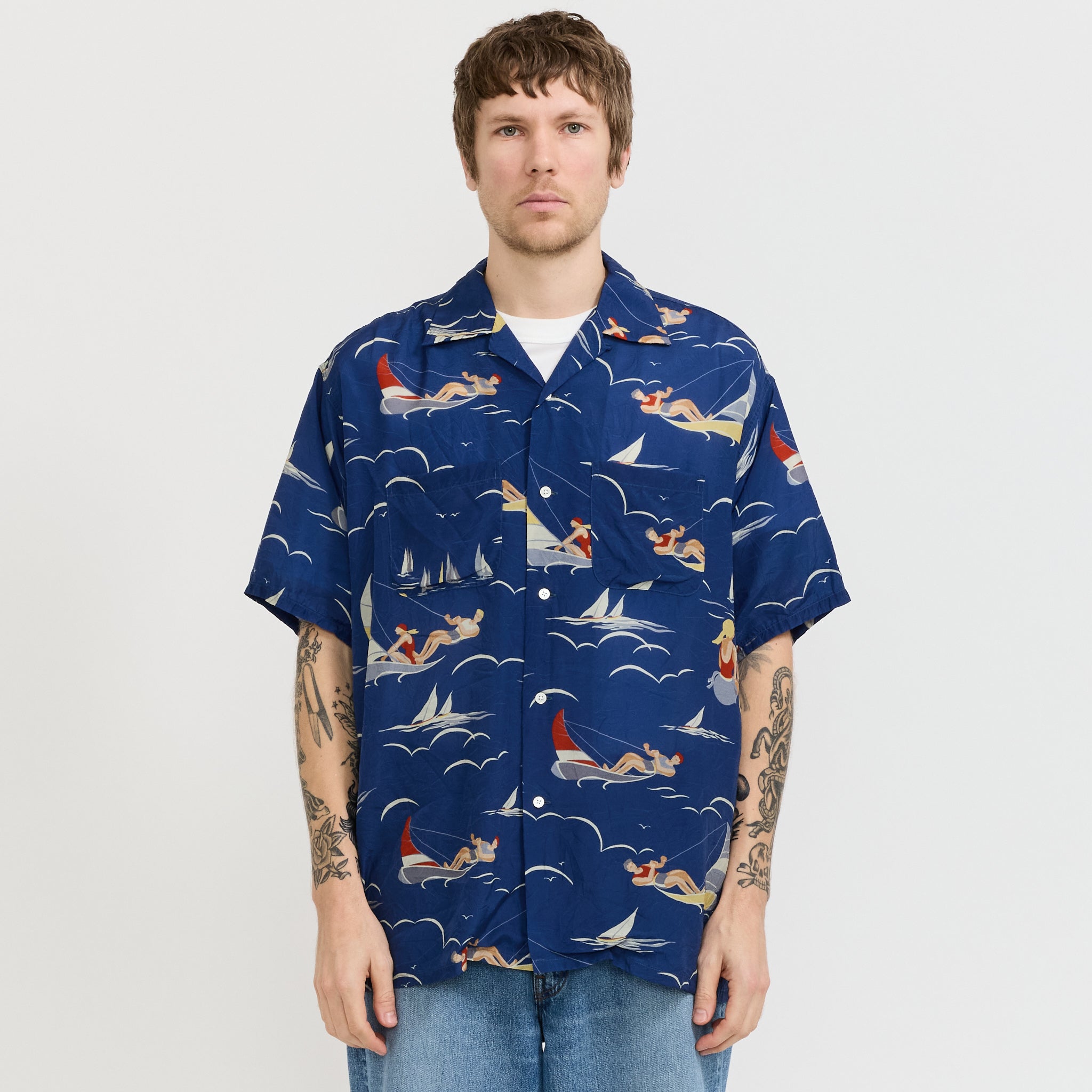 Open Collar Cupro Print Blue