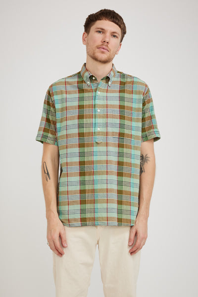 Beams | B.D. Pullover Short Sleeve Indian Madras Check Mint Green | Maplestore