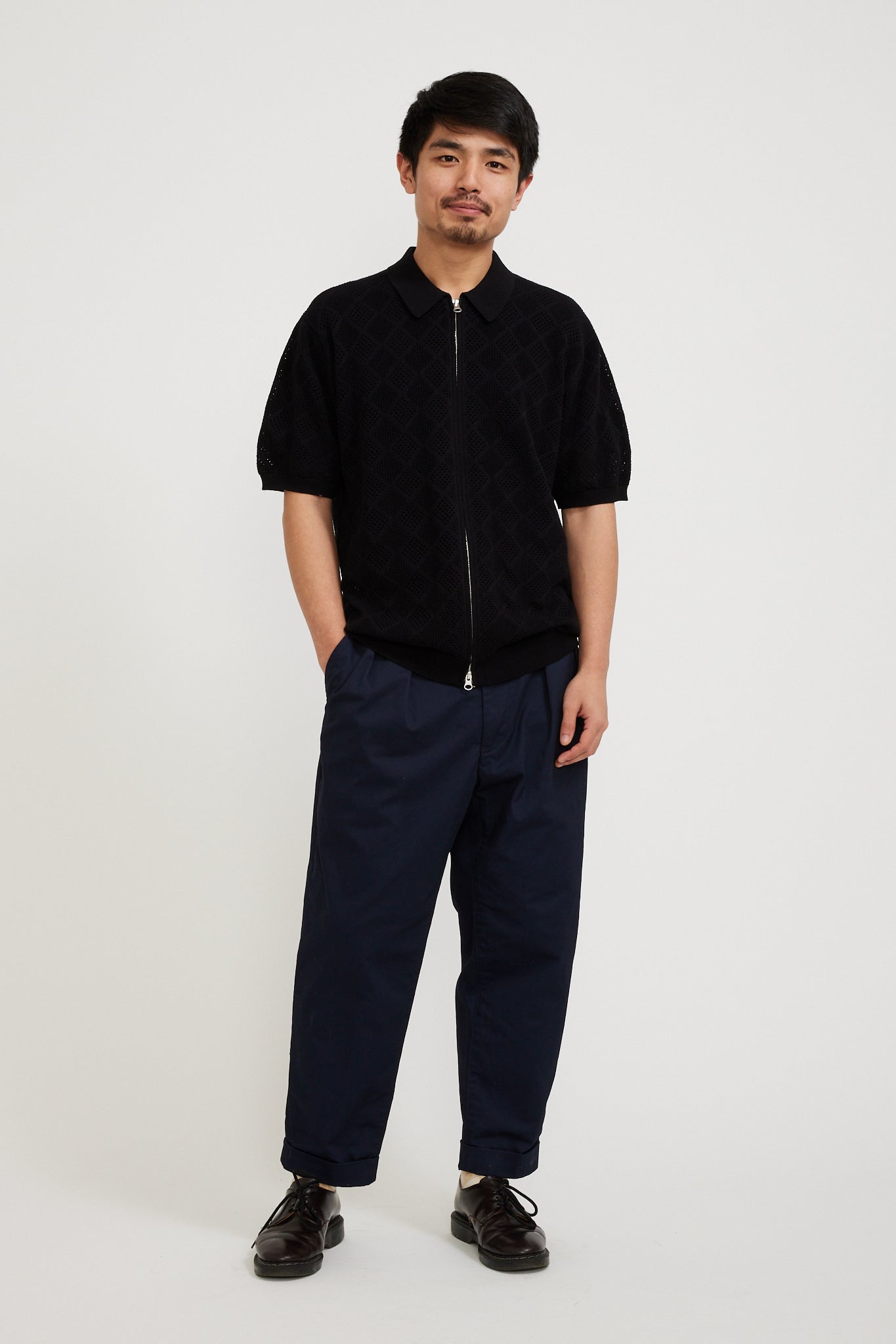 Beams Plus | Zip Knit Polo Mesh Black | Maplestore