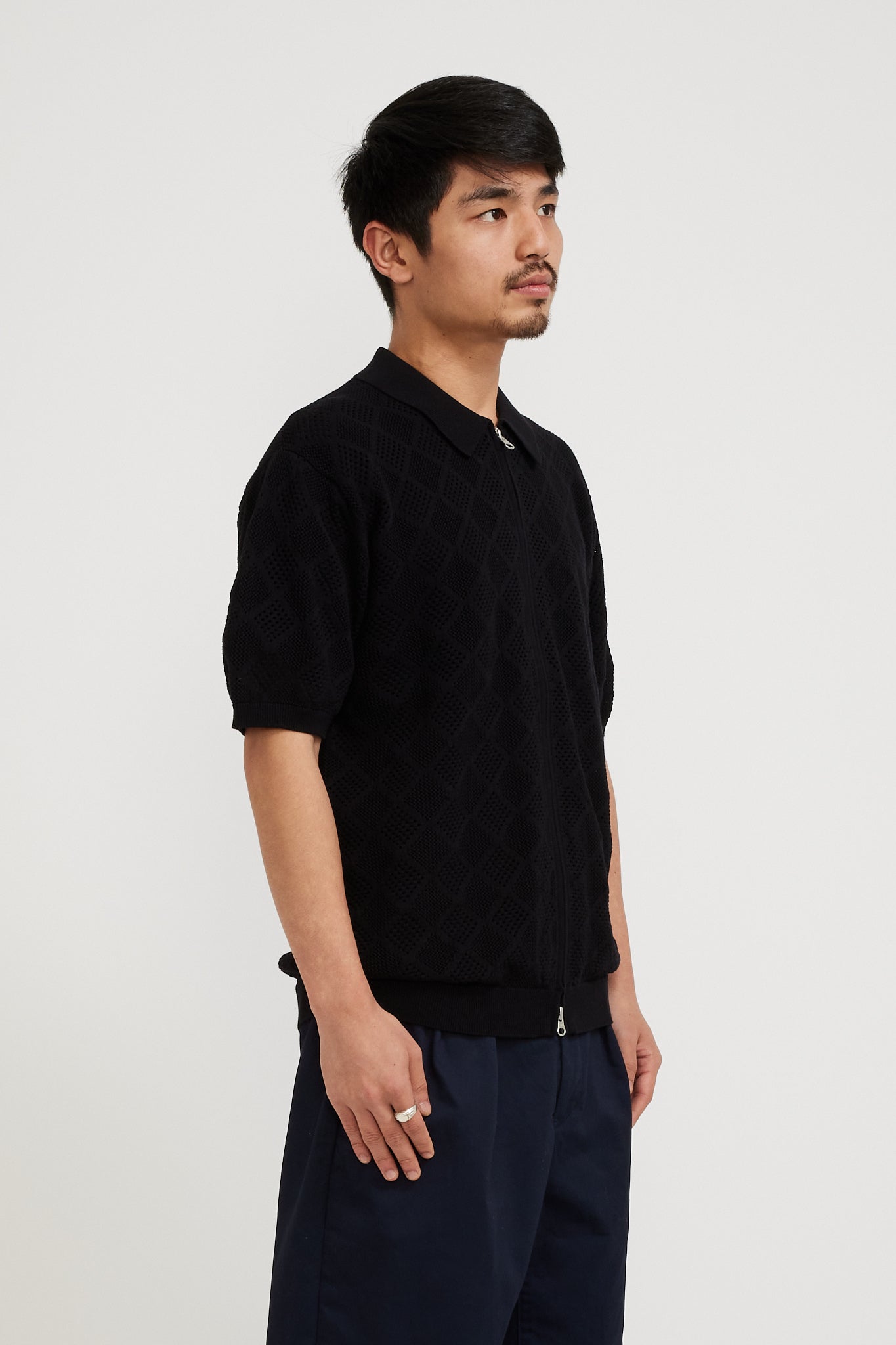 Beams Plus | Zip Knit Polo Mesh Black | Maplestore