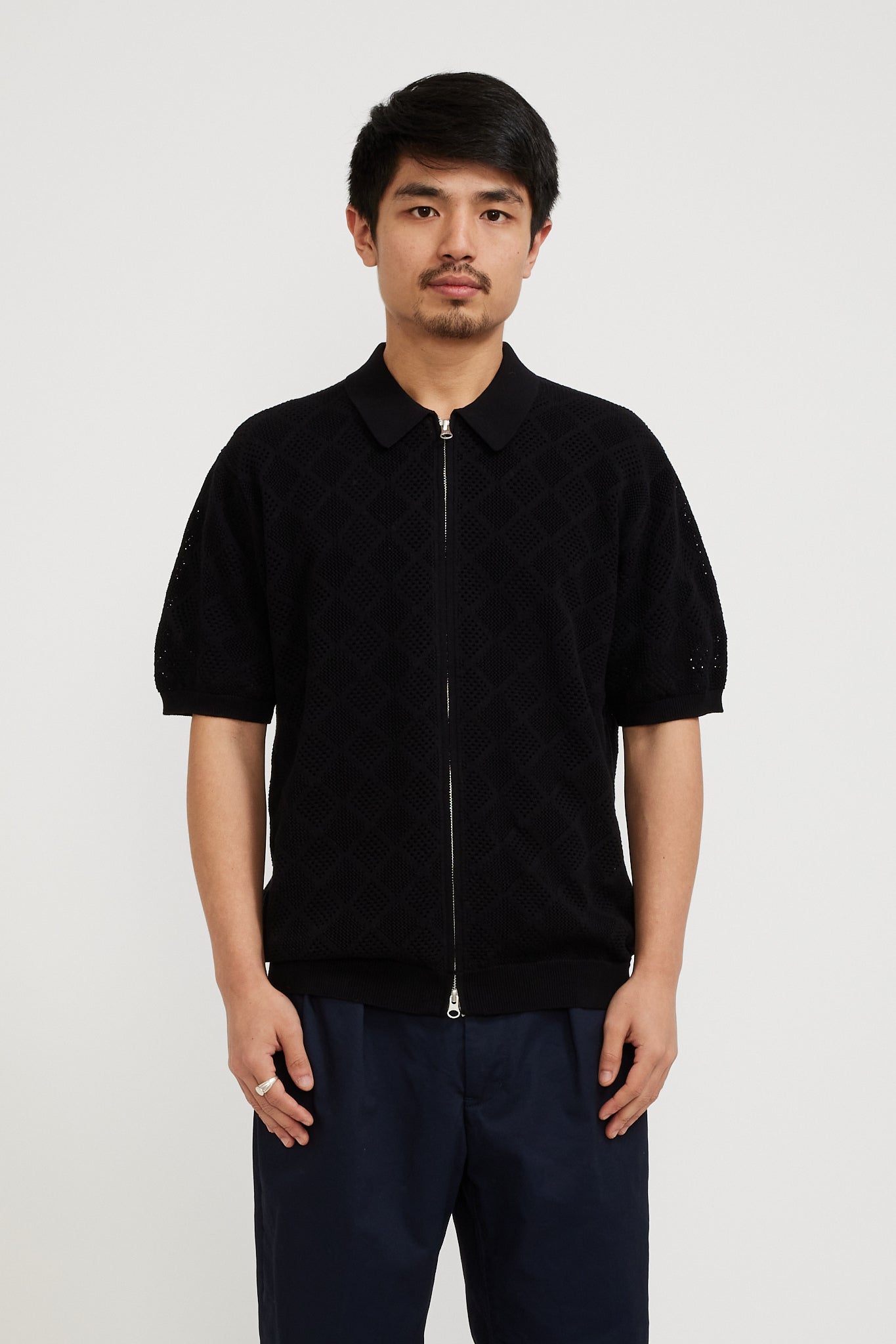 Beams Plus | Zip Knit Polo Mesh Black | Maplestore