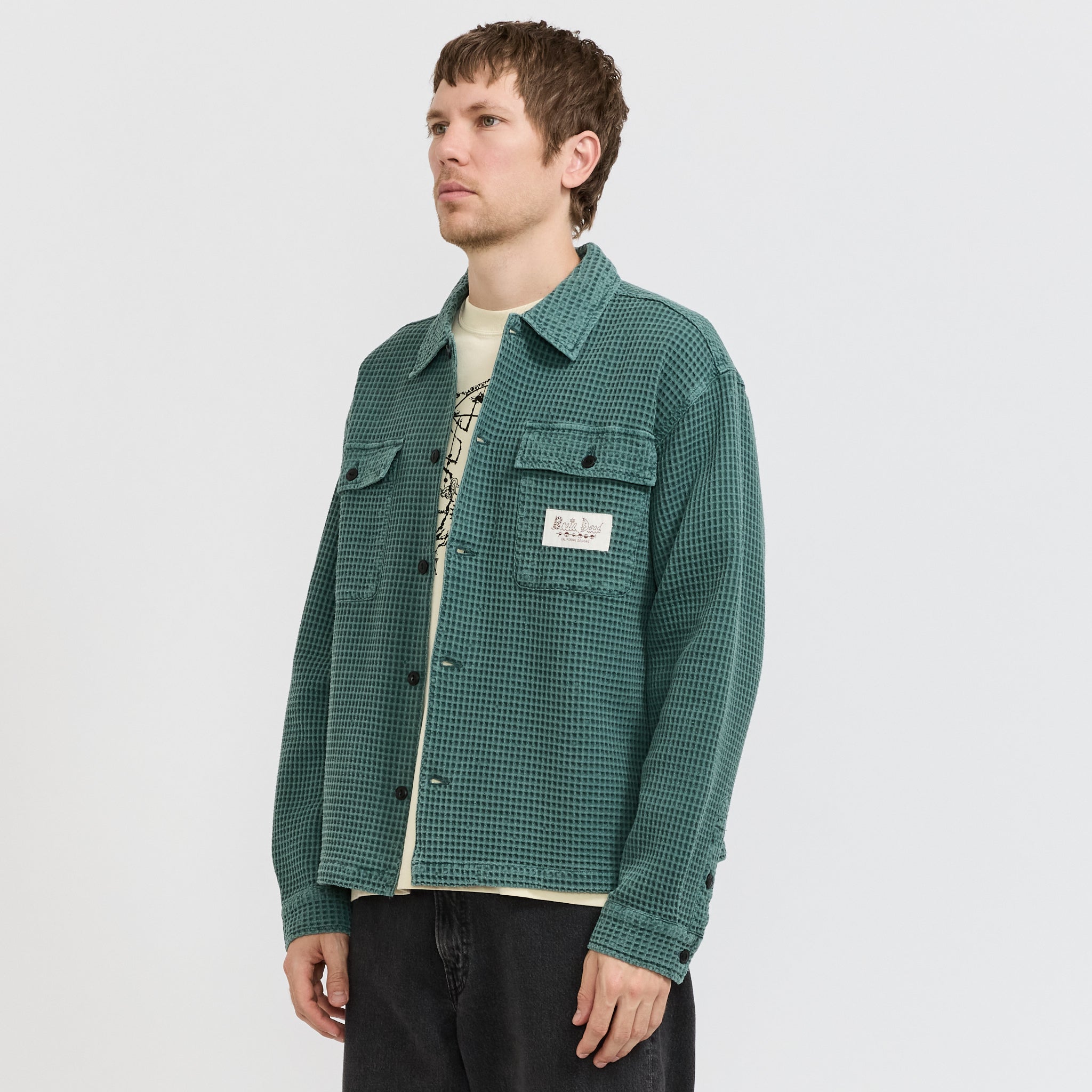 Waffle Button Front Shirt Silver Pine