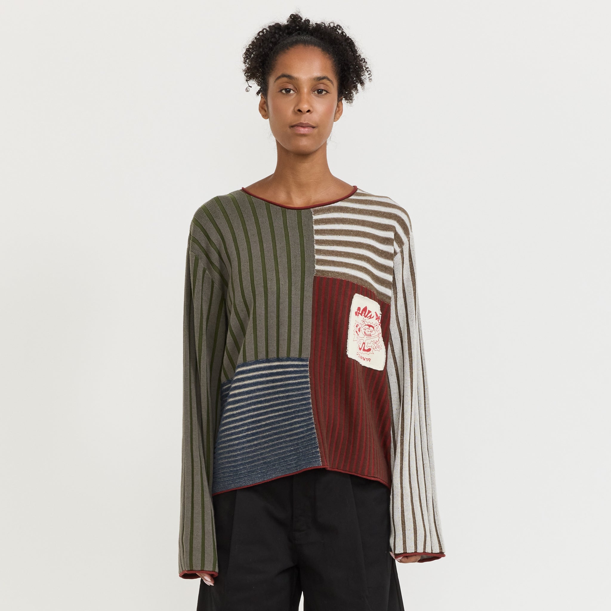 Mixed Stripe Boxy Knit Sweater Green Multi Women's