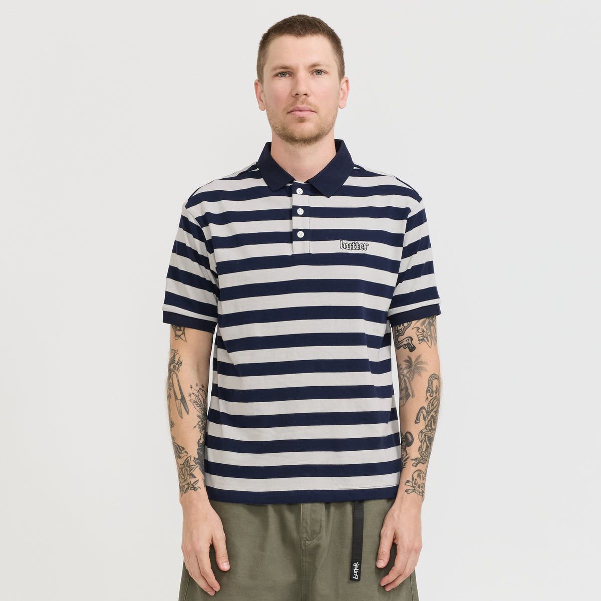 Butter Goods | Striped Polo Shirt Navy / Grey | Maplestore