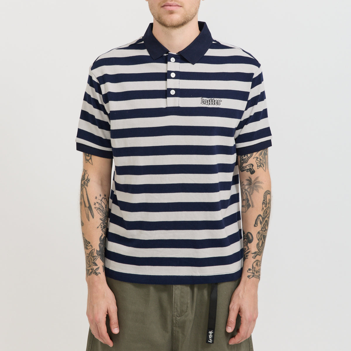 Butter Goods | Striped Polo Shirt Navy / Grey | Maplestore
