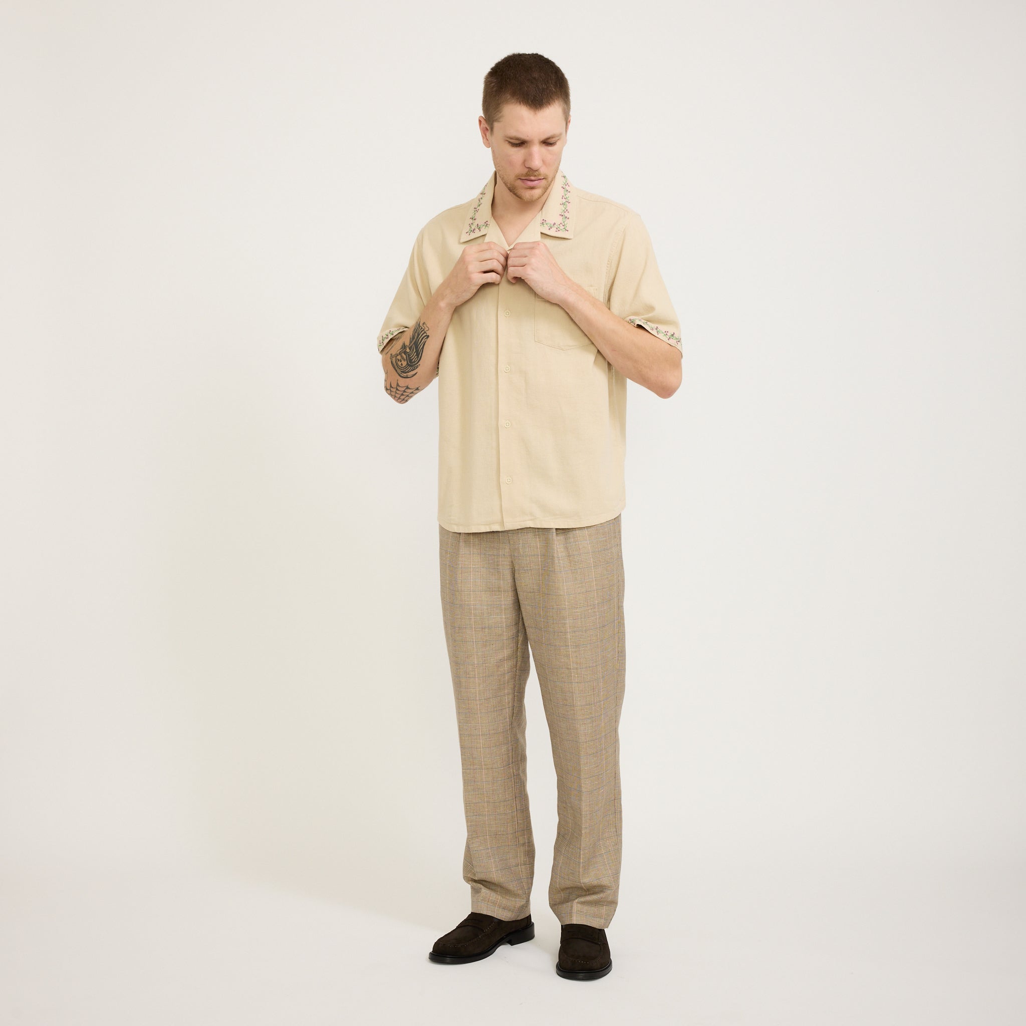 Hopsack Embroidered SS Camp Shirt Khaki