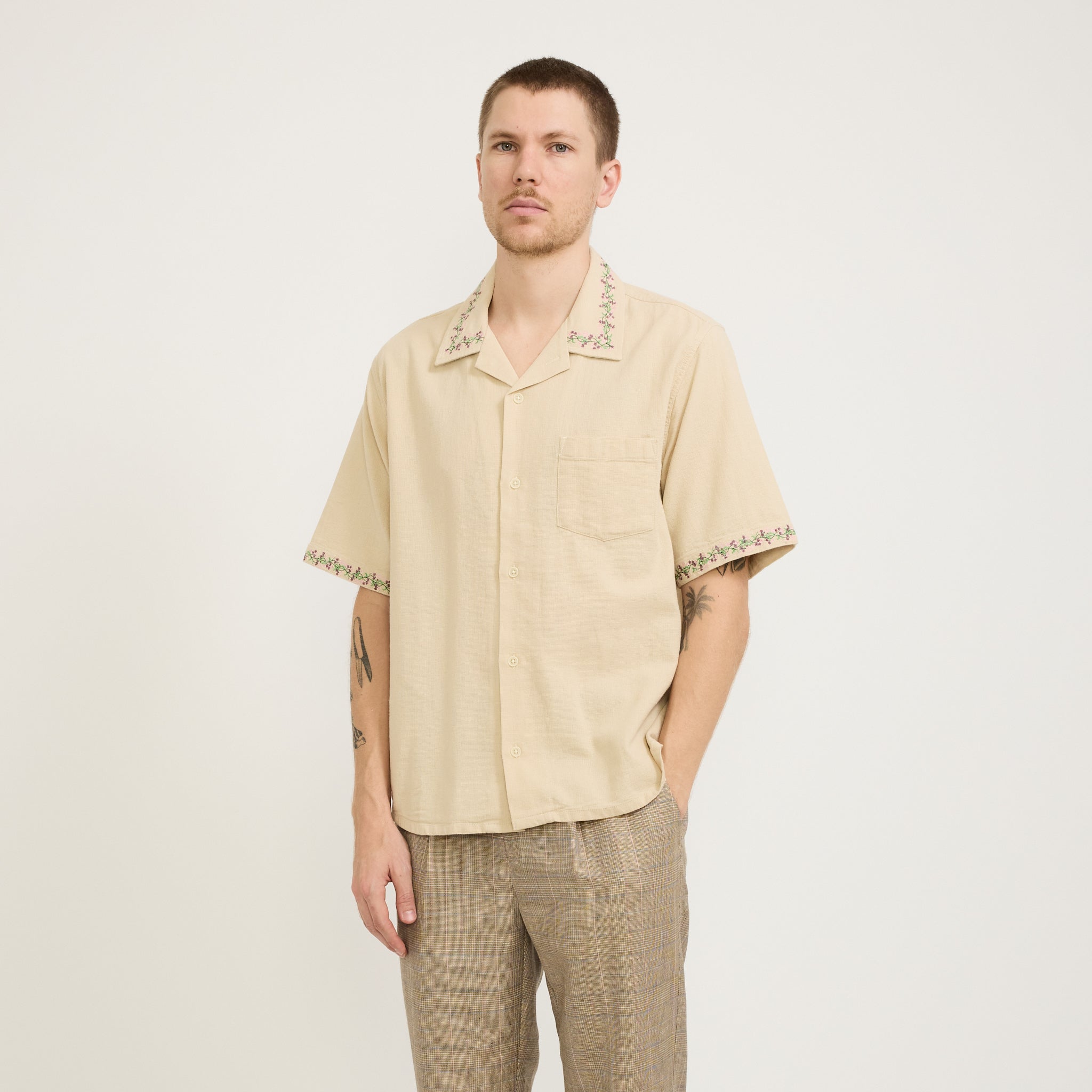 Hopsack Embroidered SS Camp Shirt Khaki