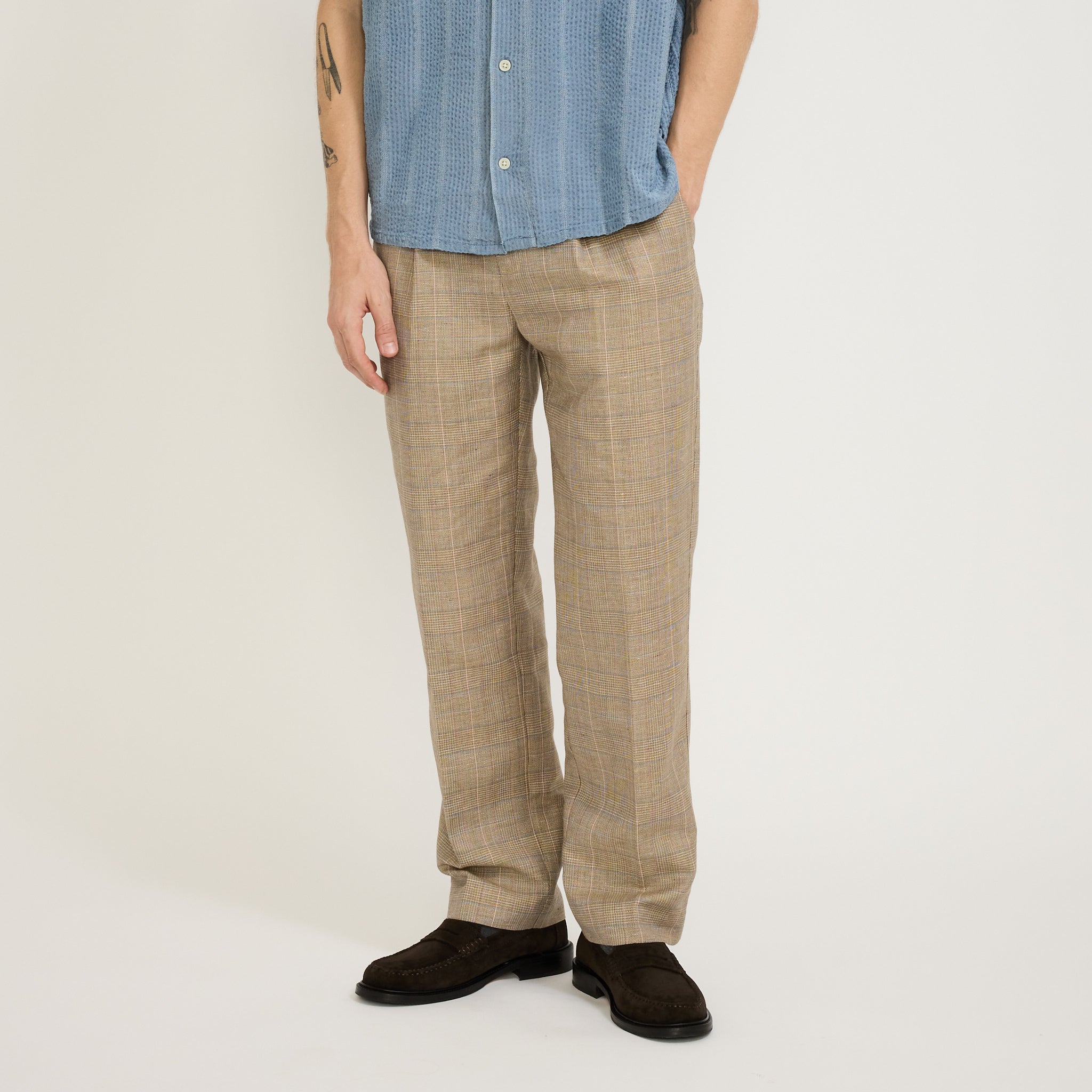 Plaid Linen Pleated Trouser Natural