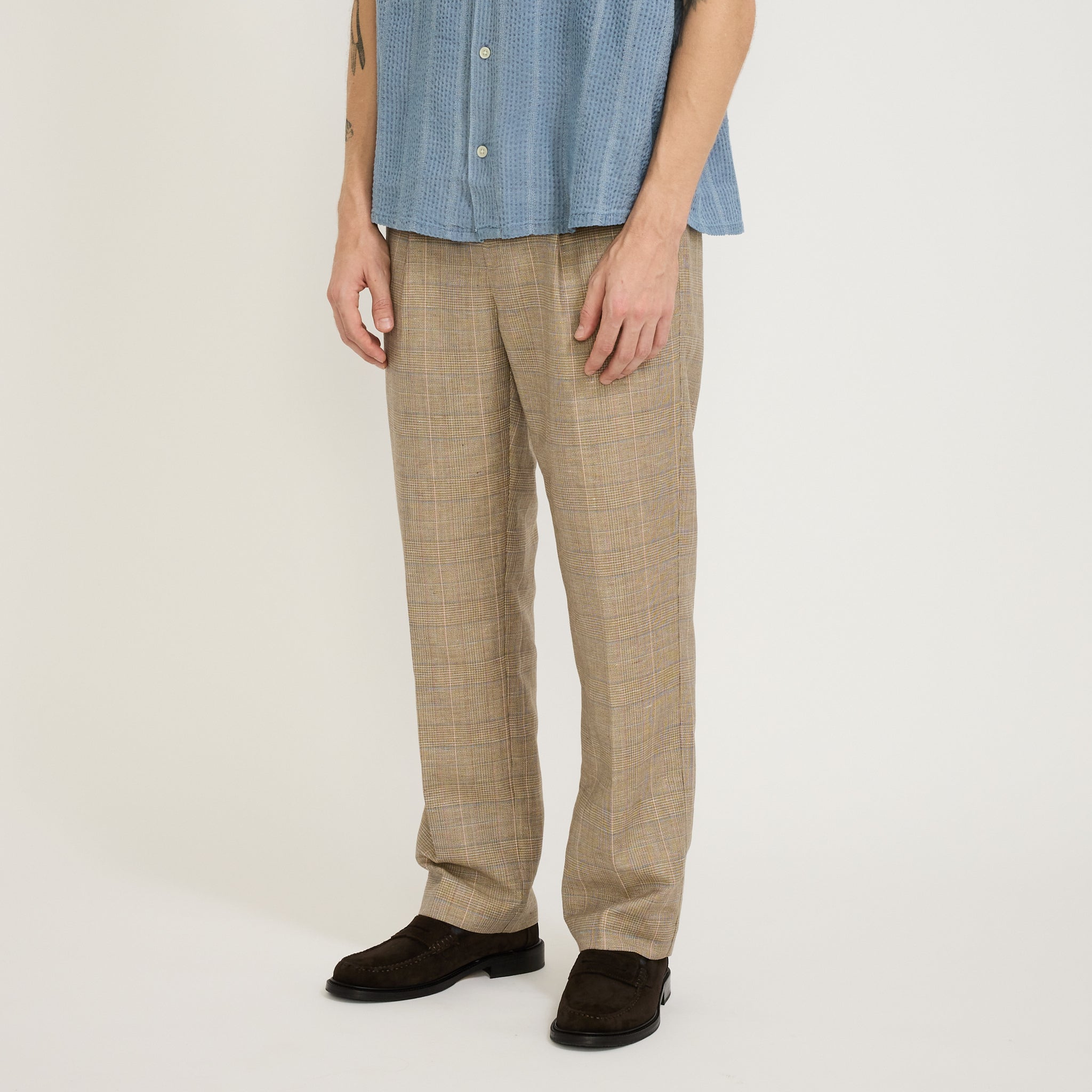 Corridor NYC | Plaid Linen Pleated Trouser Natural | Maplestore