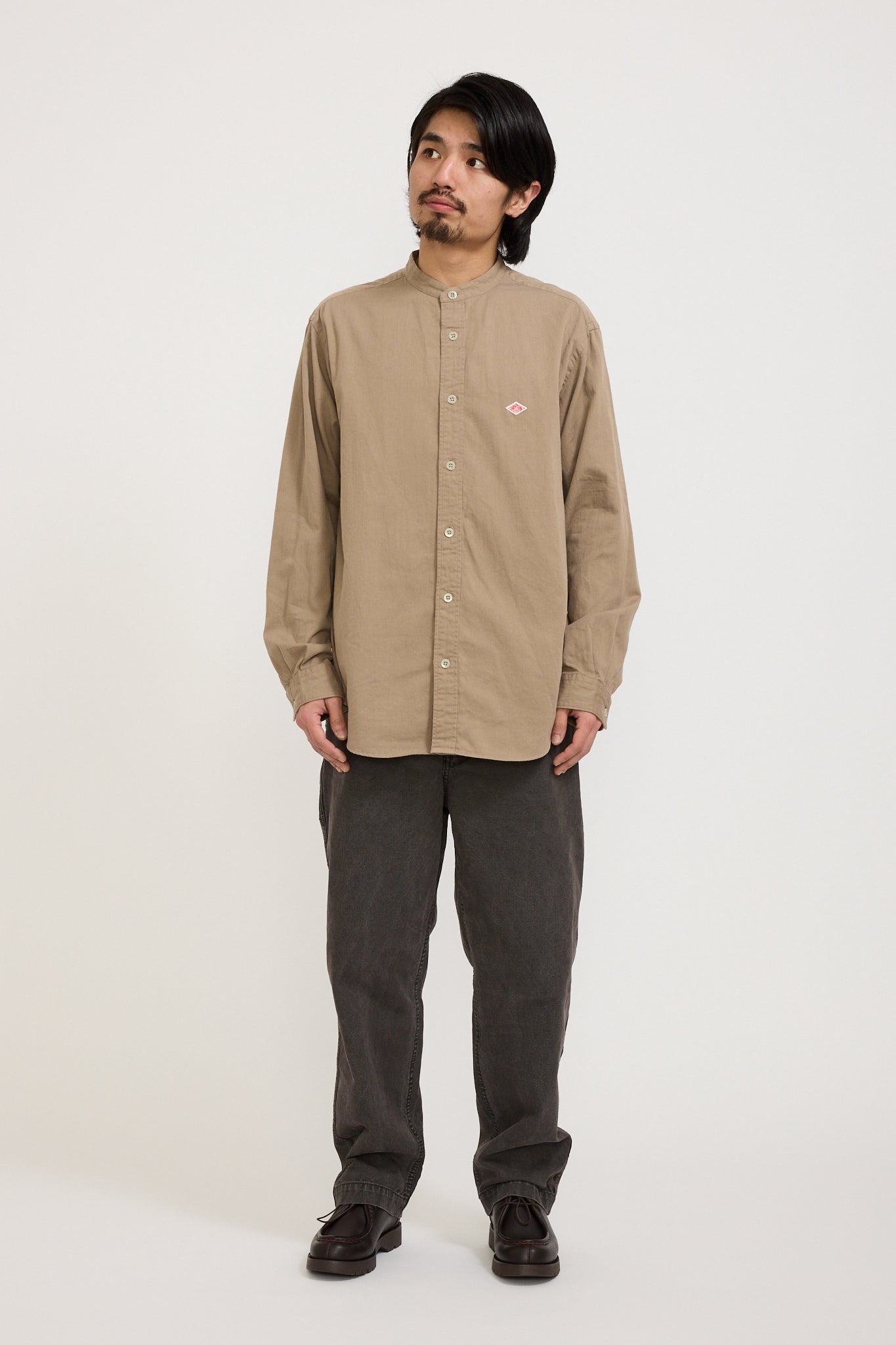 Danton | Band Collar Shirt L/S Taupe | Maplestore