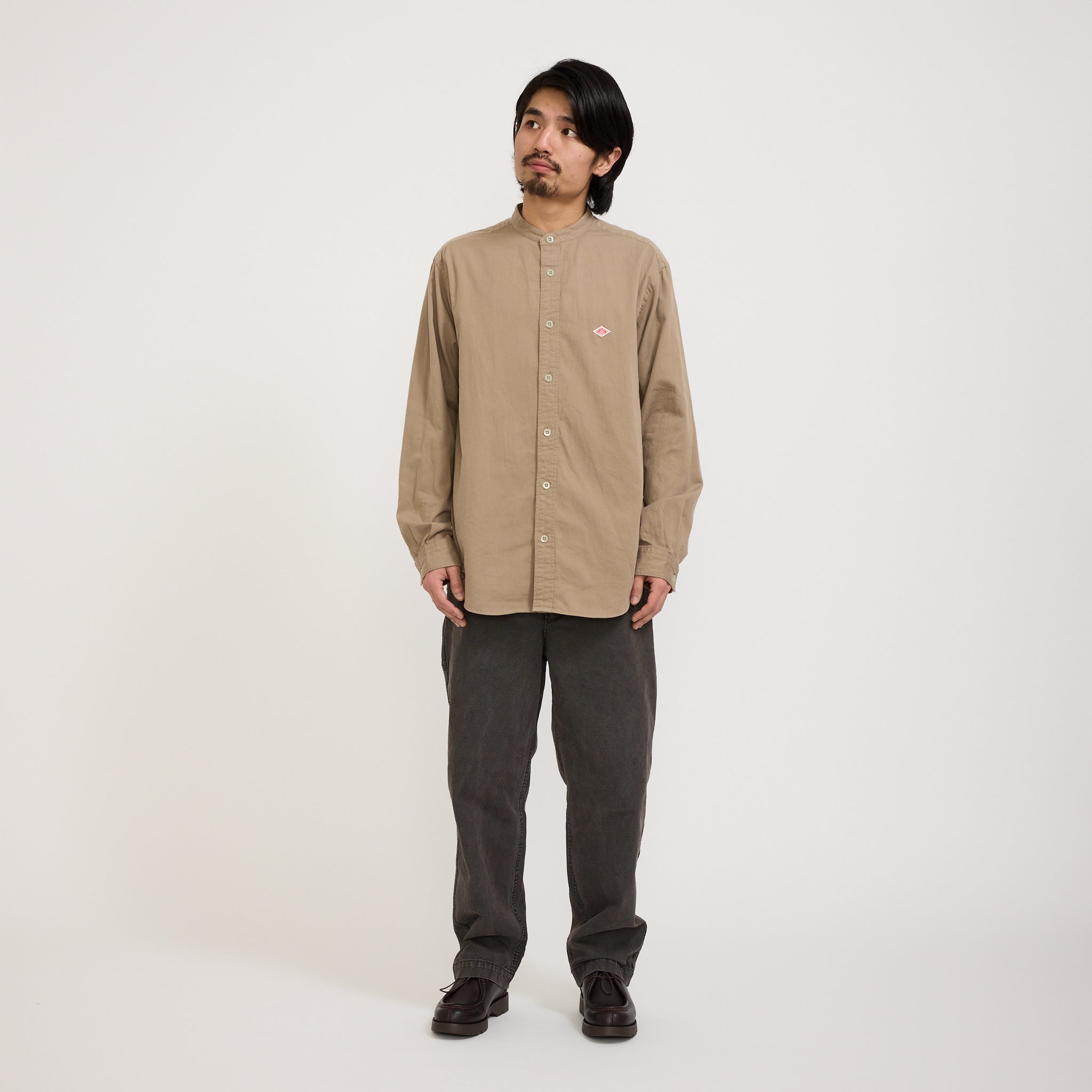 Danton | Band Collar Shirt L/S Taupe | Maplestore
