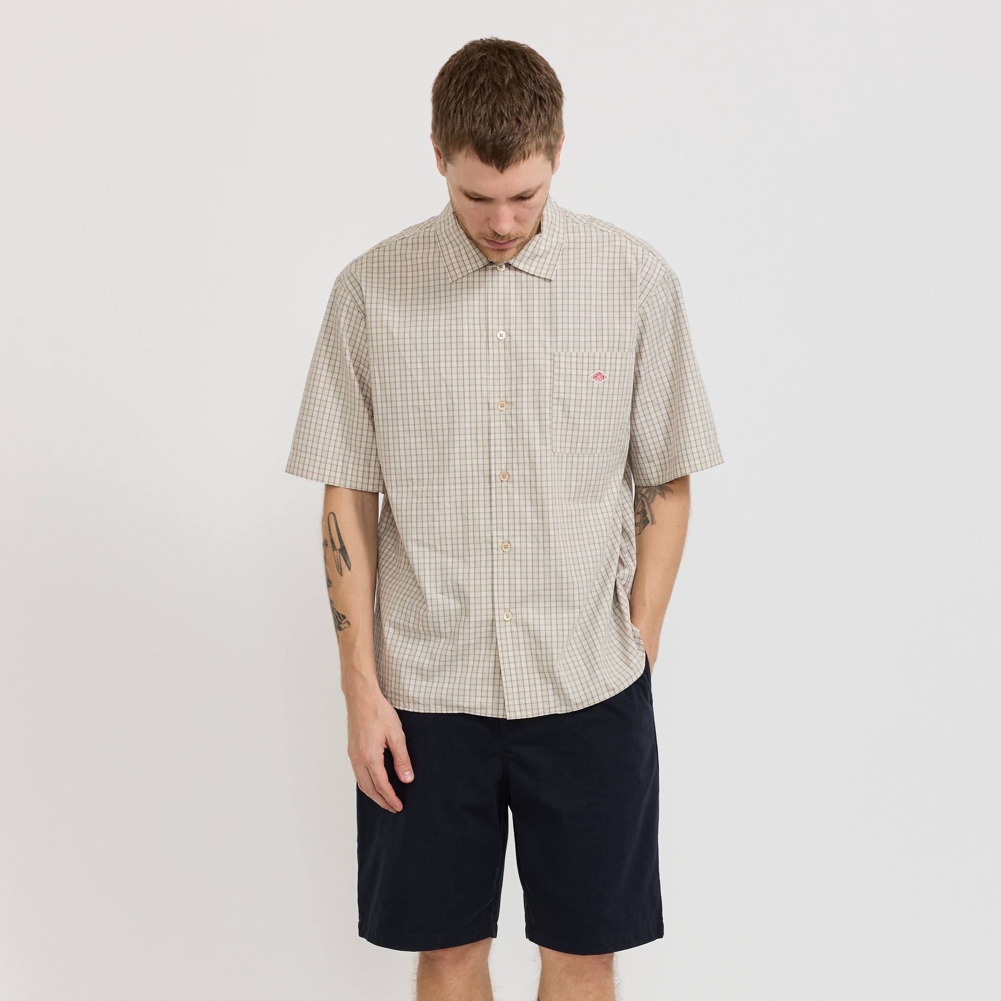 Danton | S/S Work Shirt Beige/Grey Check | Maplestore