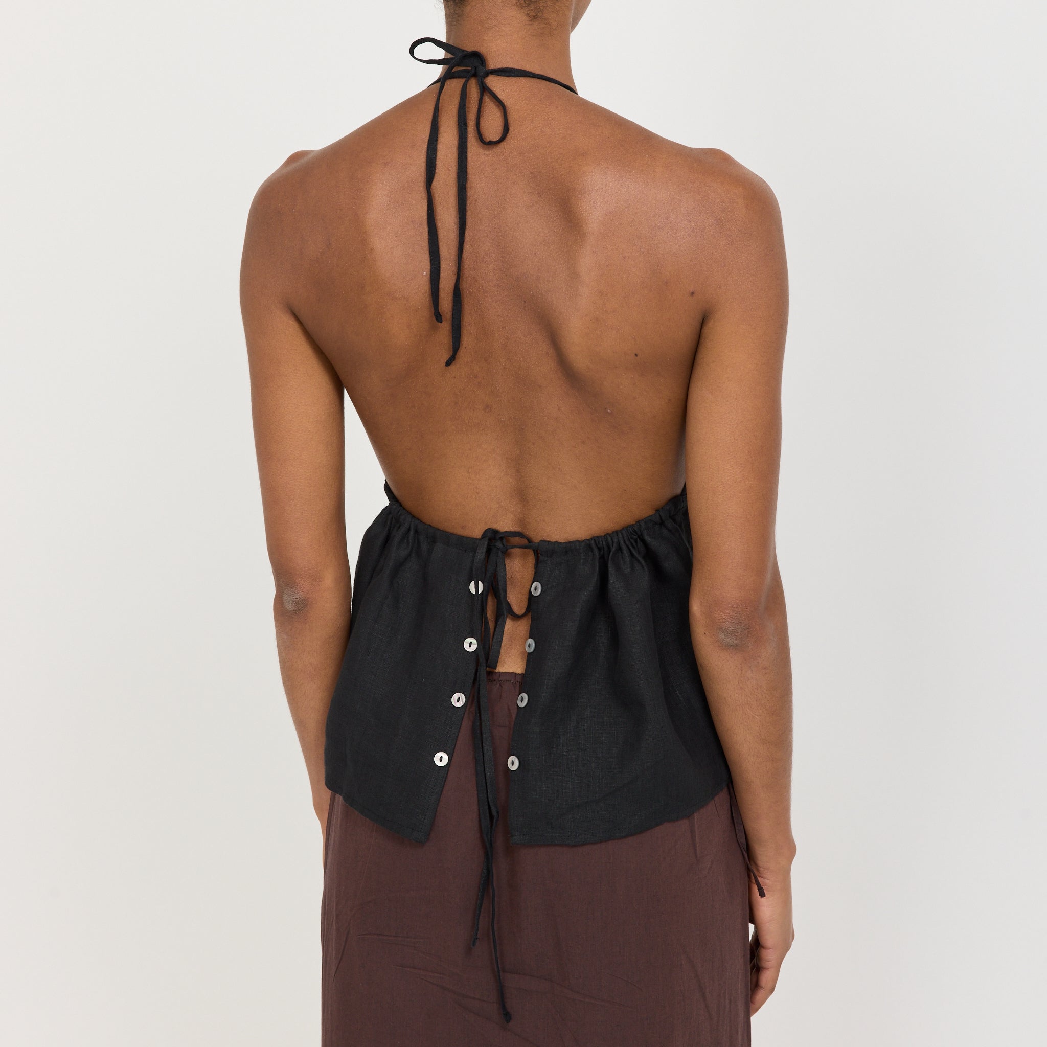 Linen Button Halter Black