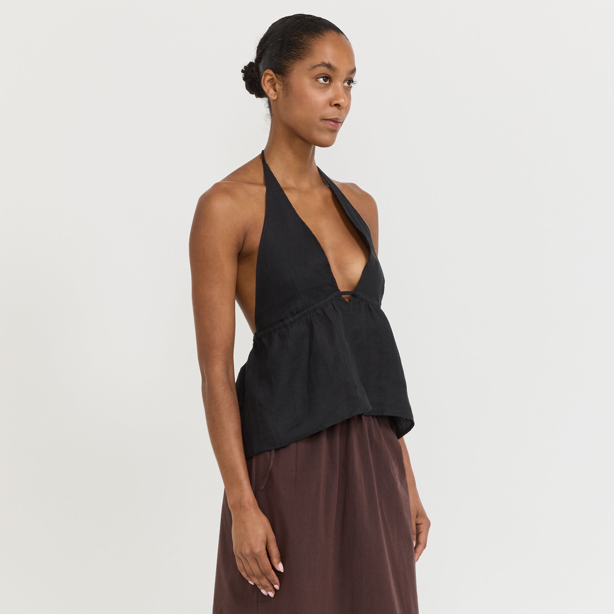 Linen Button Halter Black