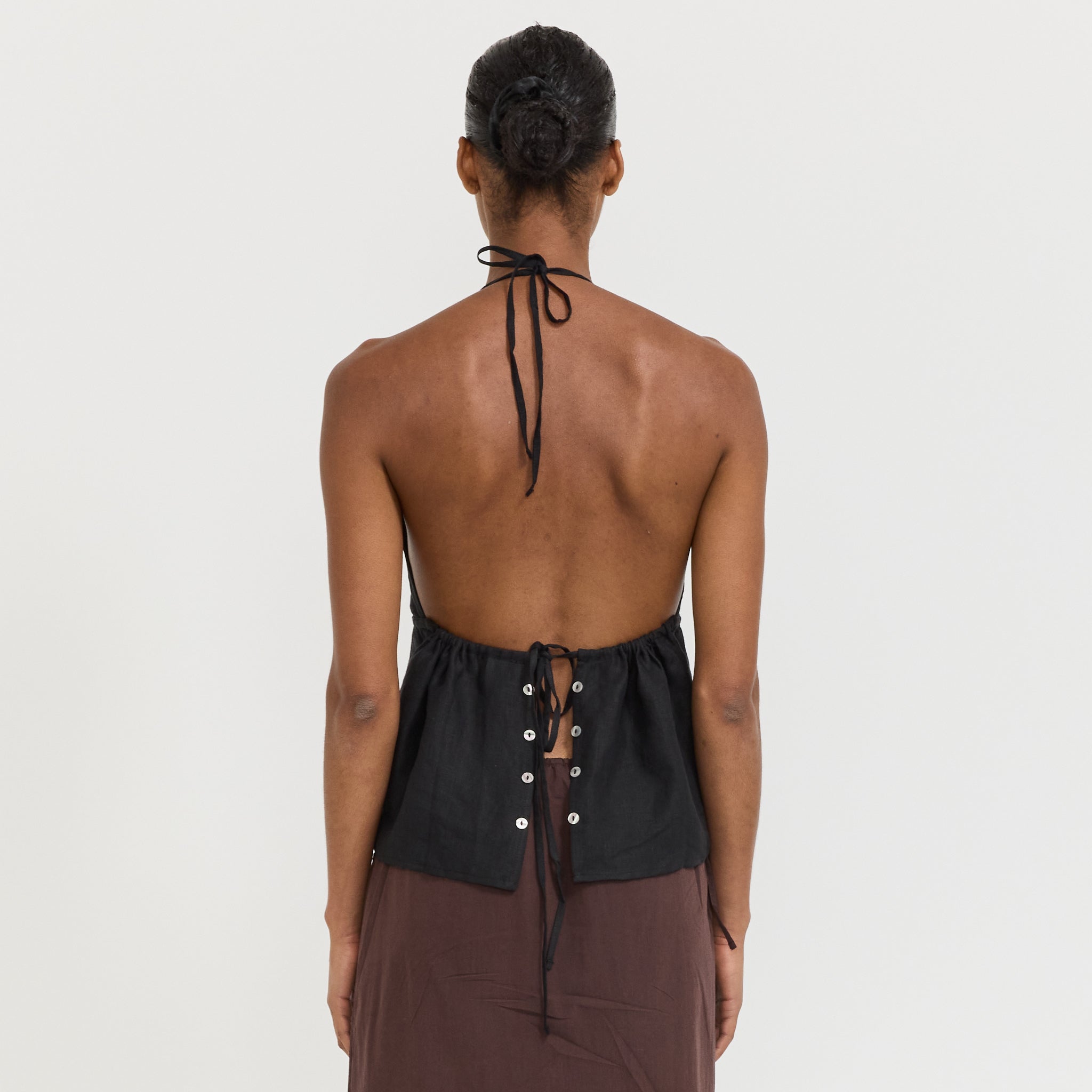 Linen Button Halter Black