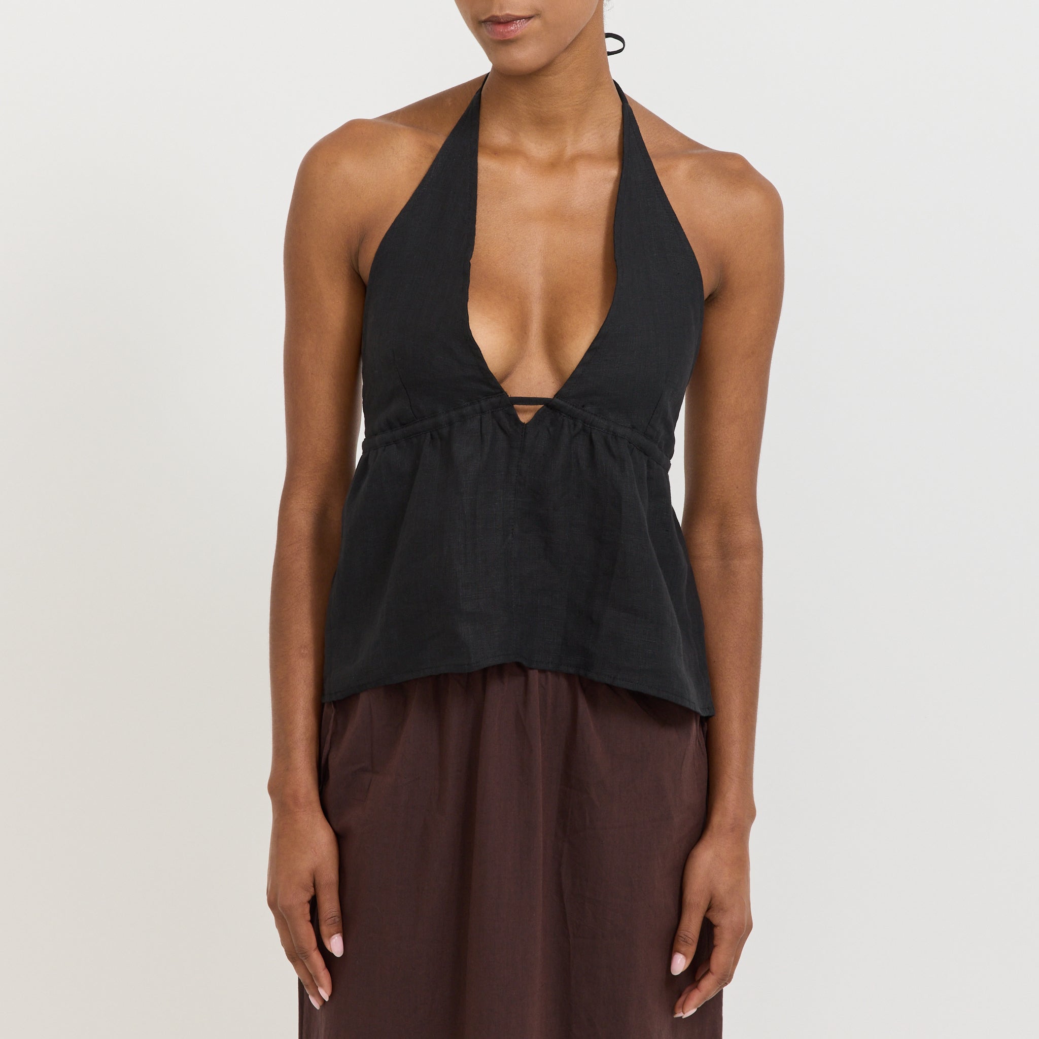 Linen Button Halter Black