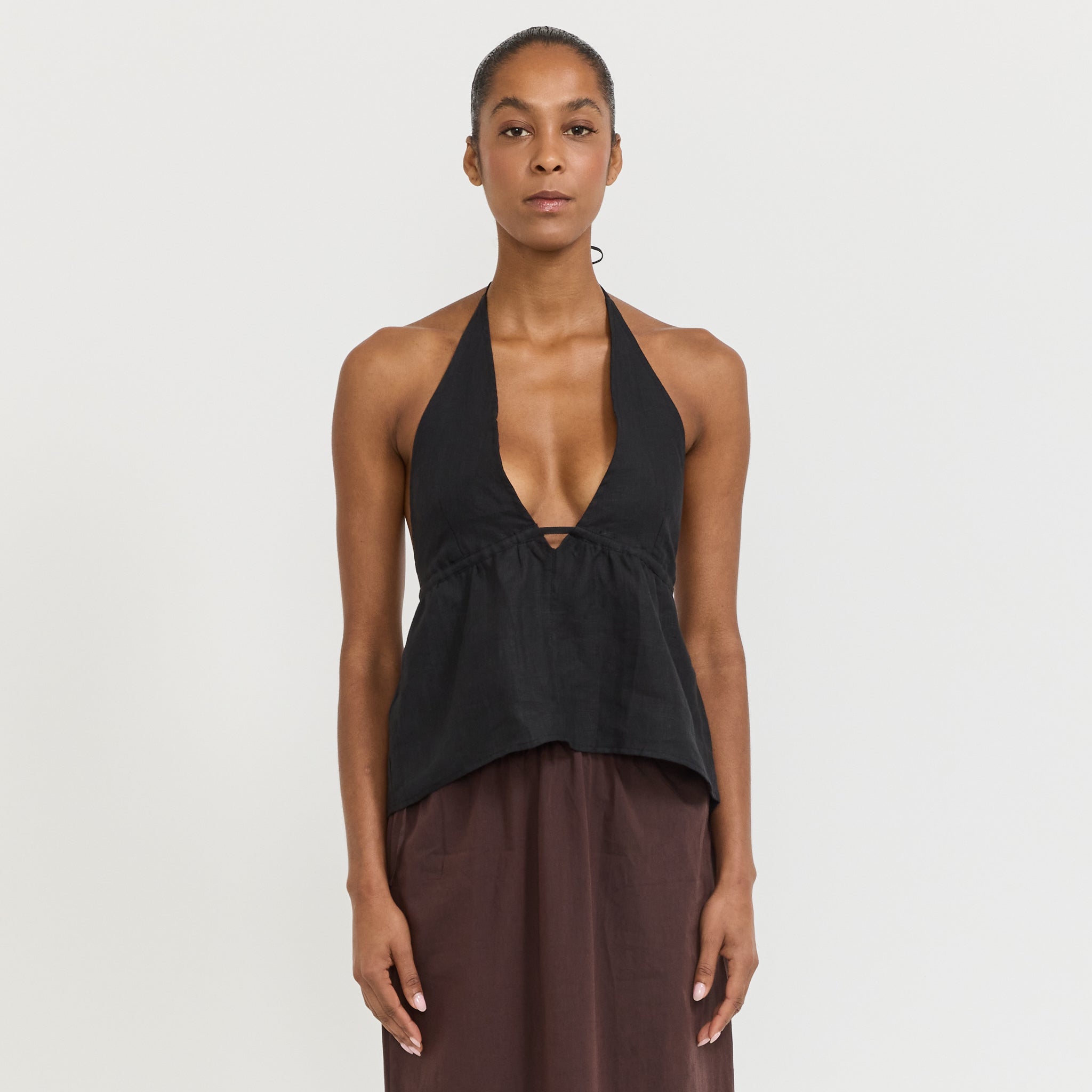 Linen Button Halter Black