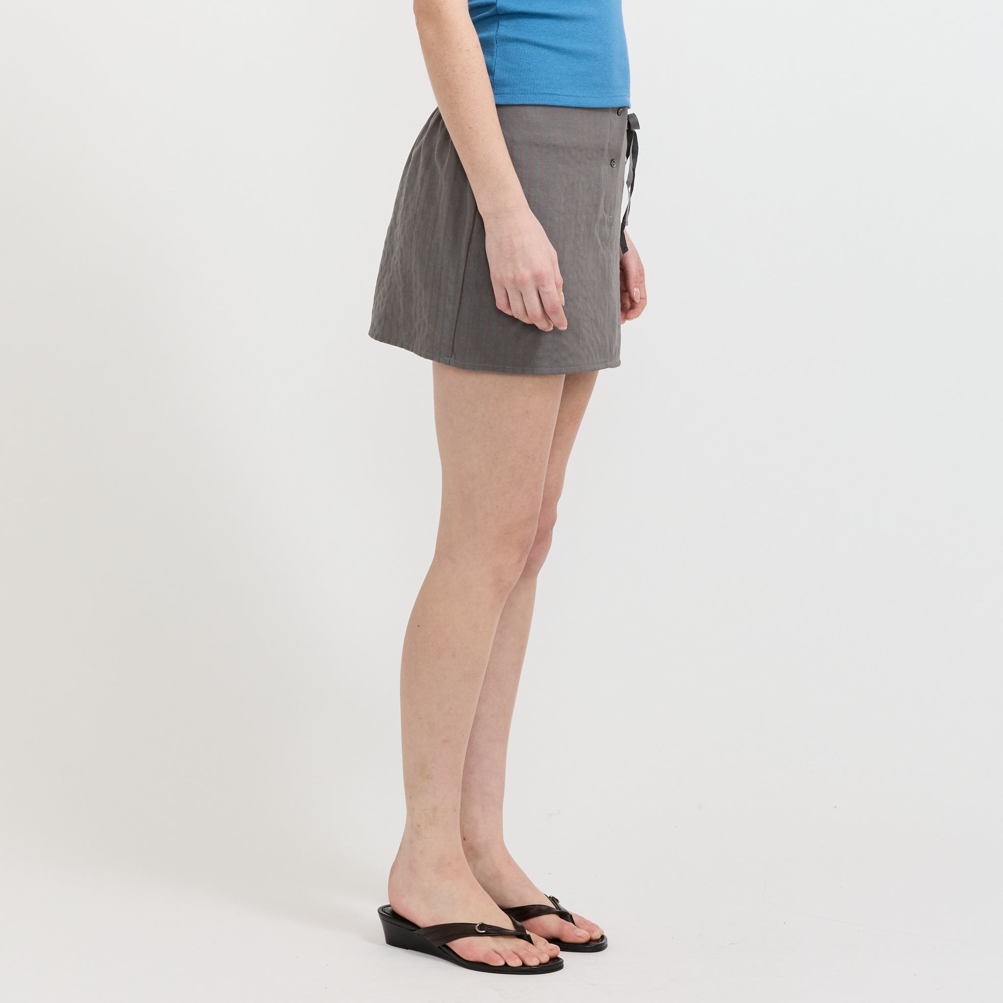 Wool Tie Mini Skirt Grey Stripe