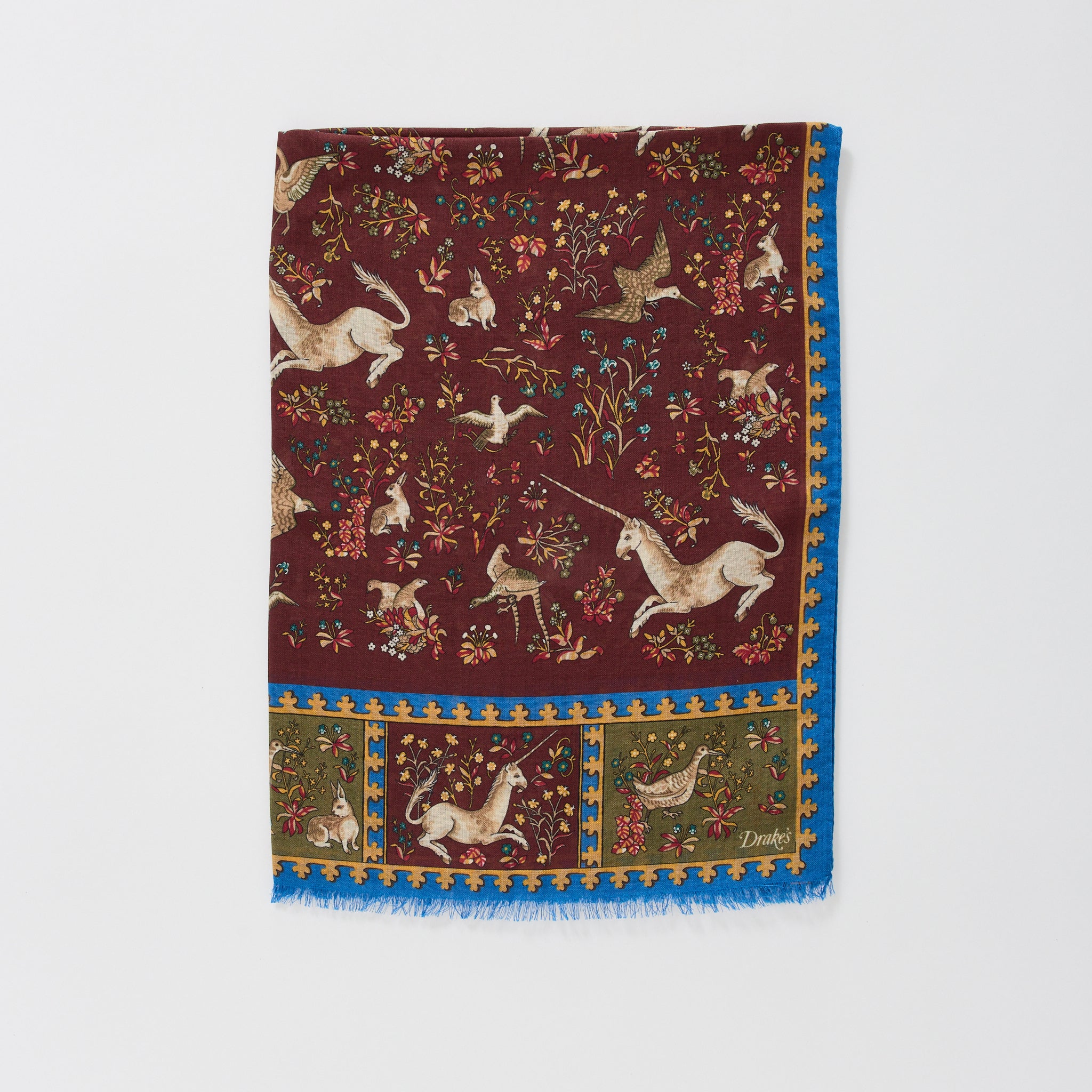 Unicorn Print Wool Silk Scarf Burgundy