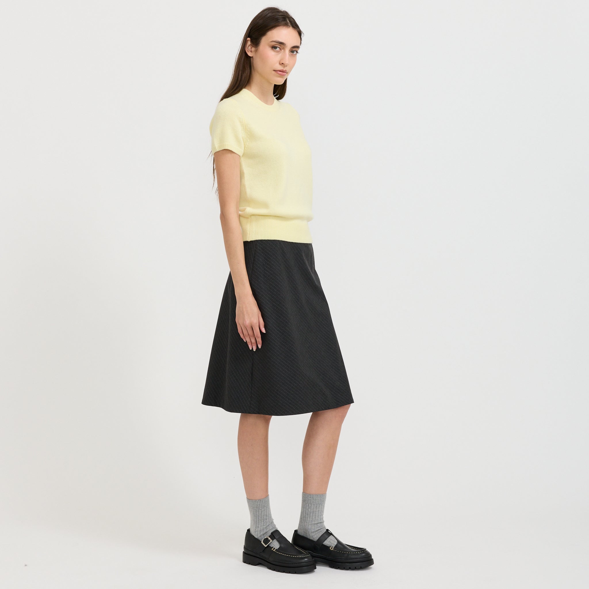 Bias Midi Striped Skirt Charcoal Grey Stripe