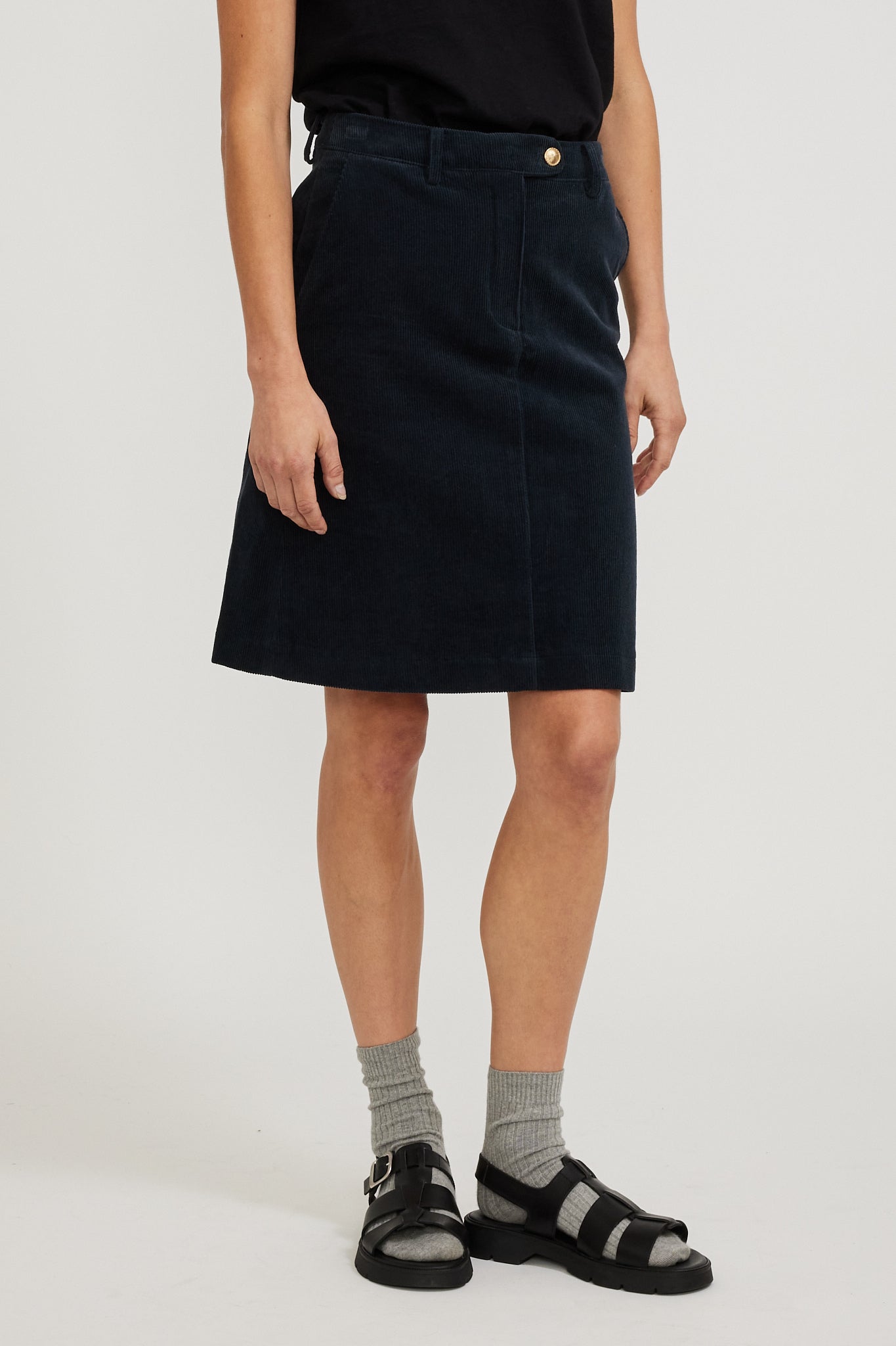 Corduroy A Line Button Point Skirt Navy