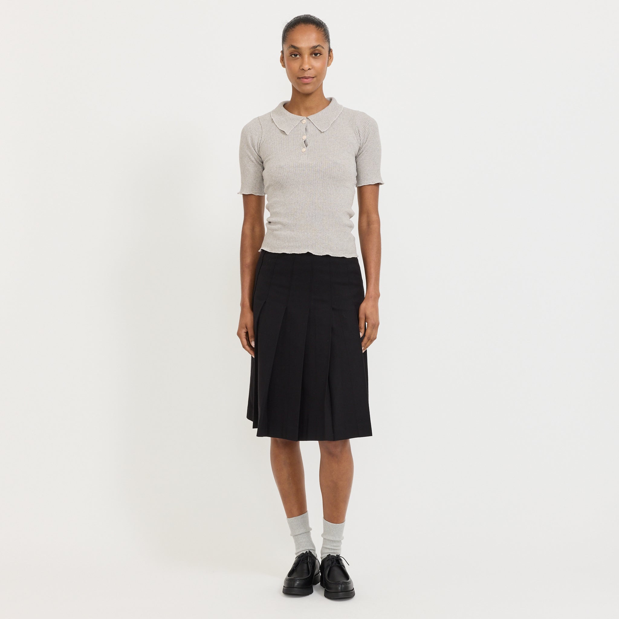 Flannel Pleats Midi Skirt Black