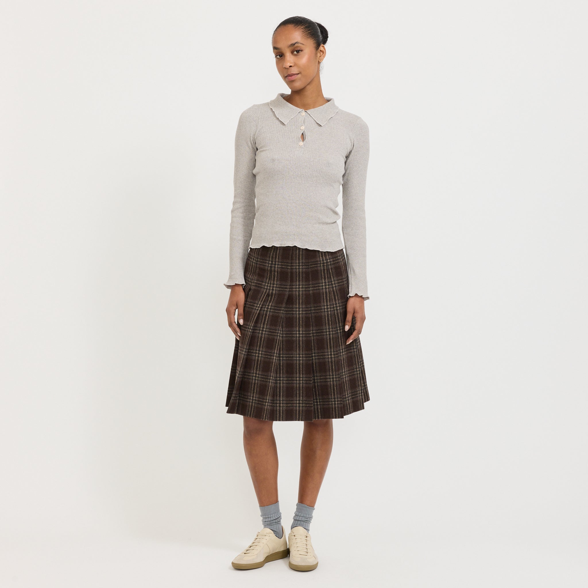 Flannel Pleats Midi Skirt Brown Check