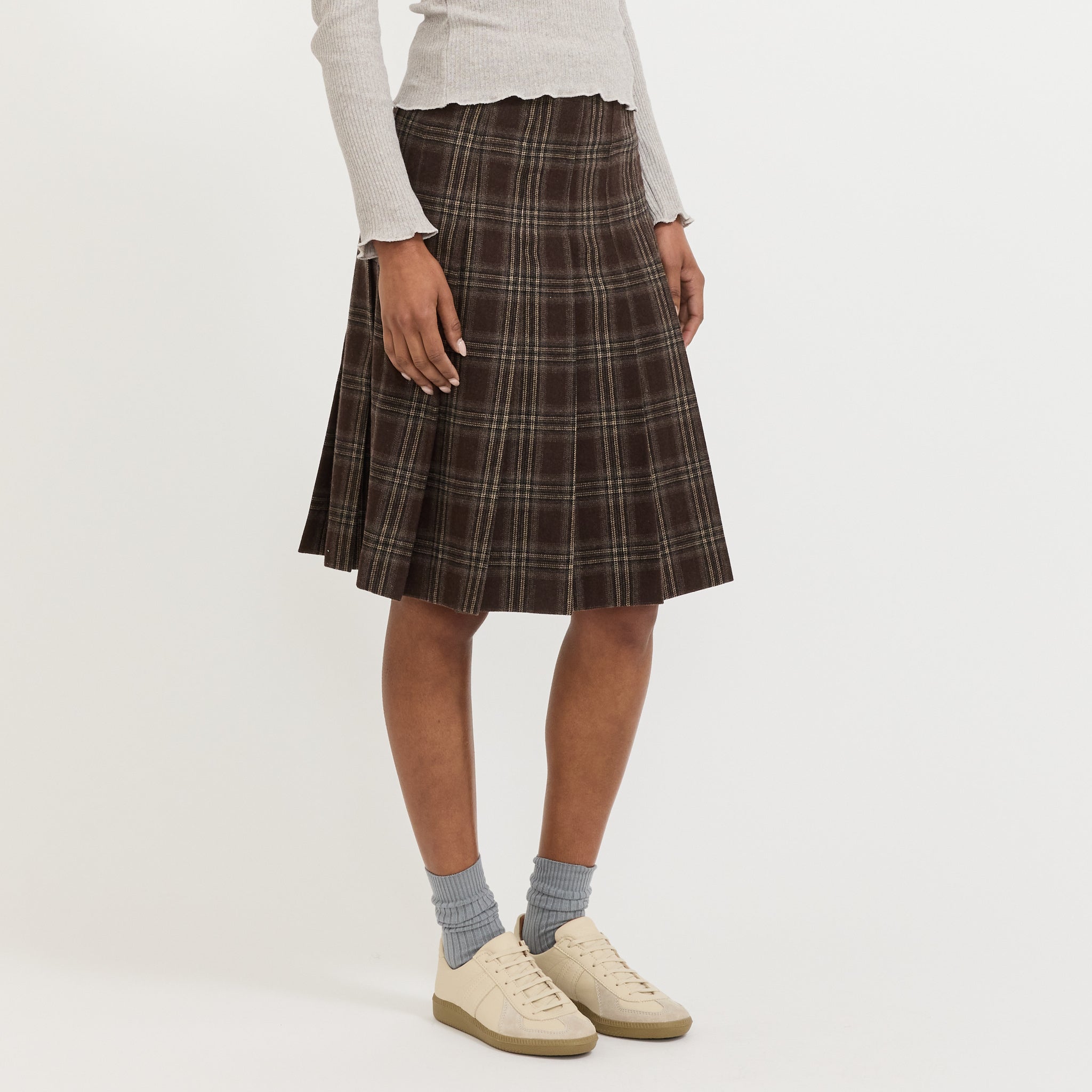 Flannel Pleats Midi Skirt Brown Check
