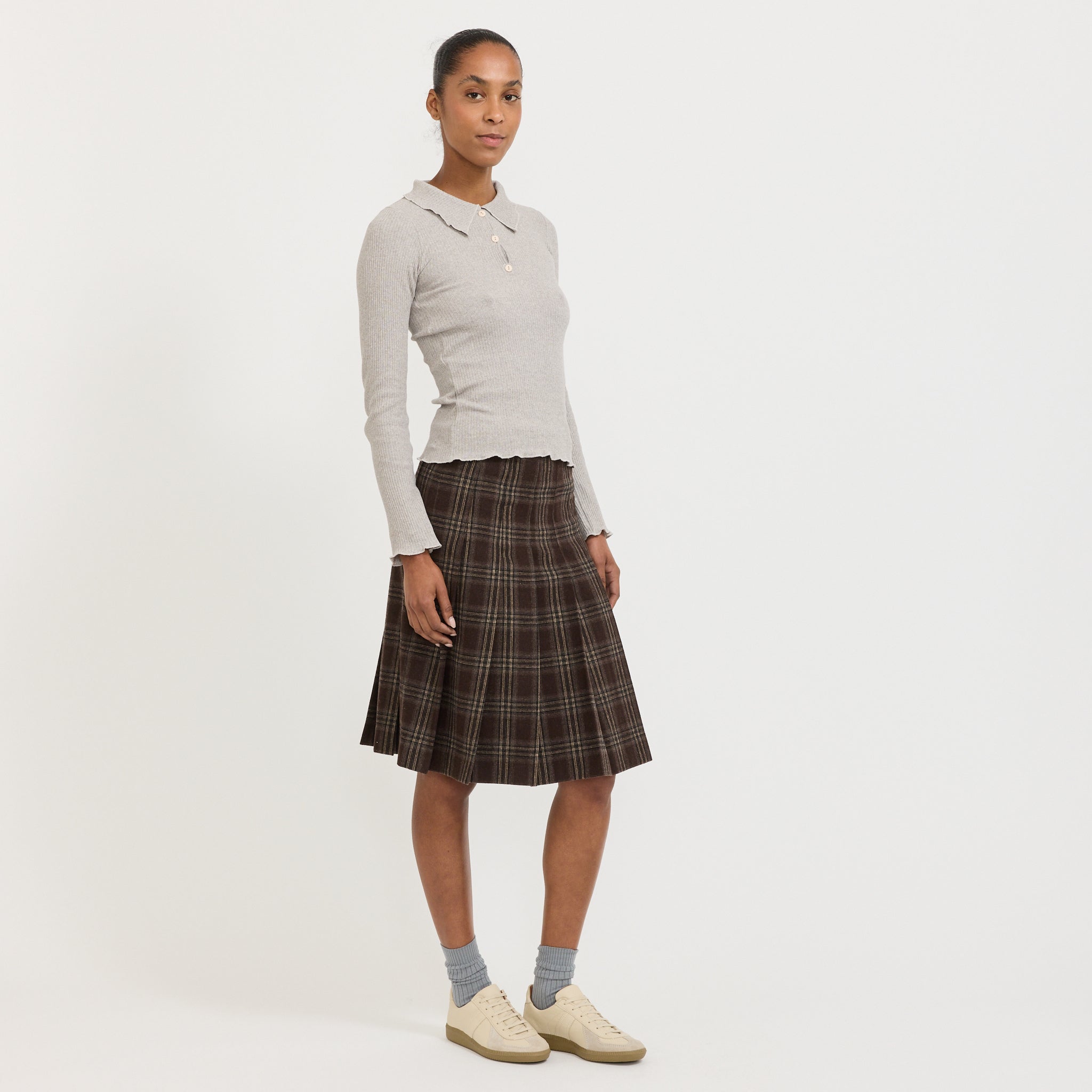 Flannel Pleats Midi Skirt Brown Check