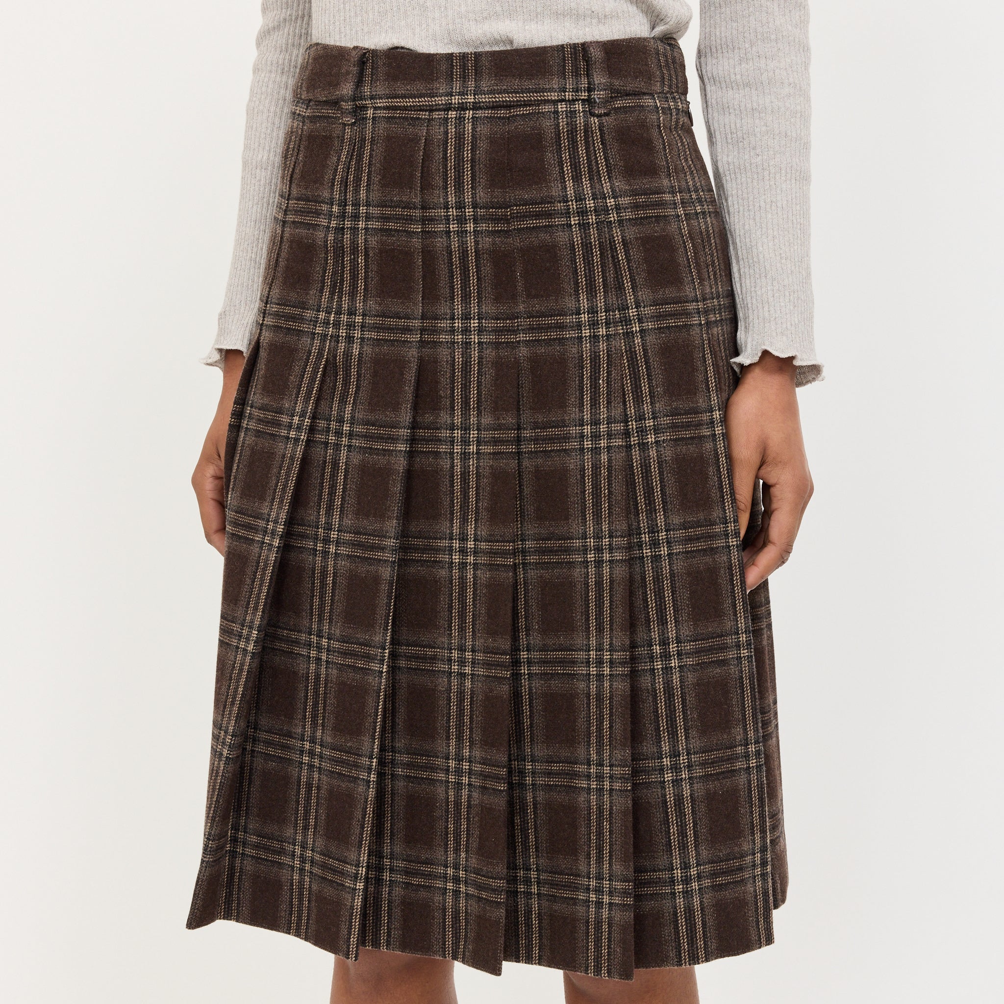 Flannel Pleats Midi Skirt Brown Check