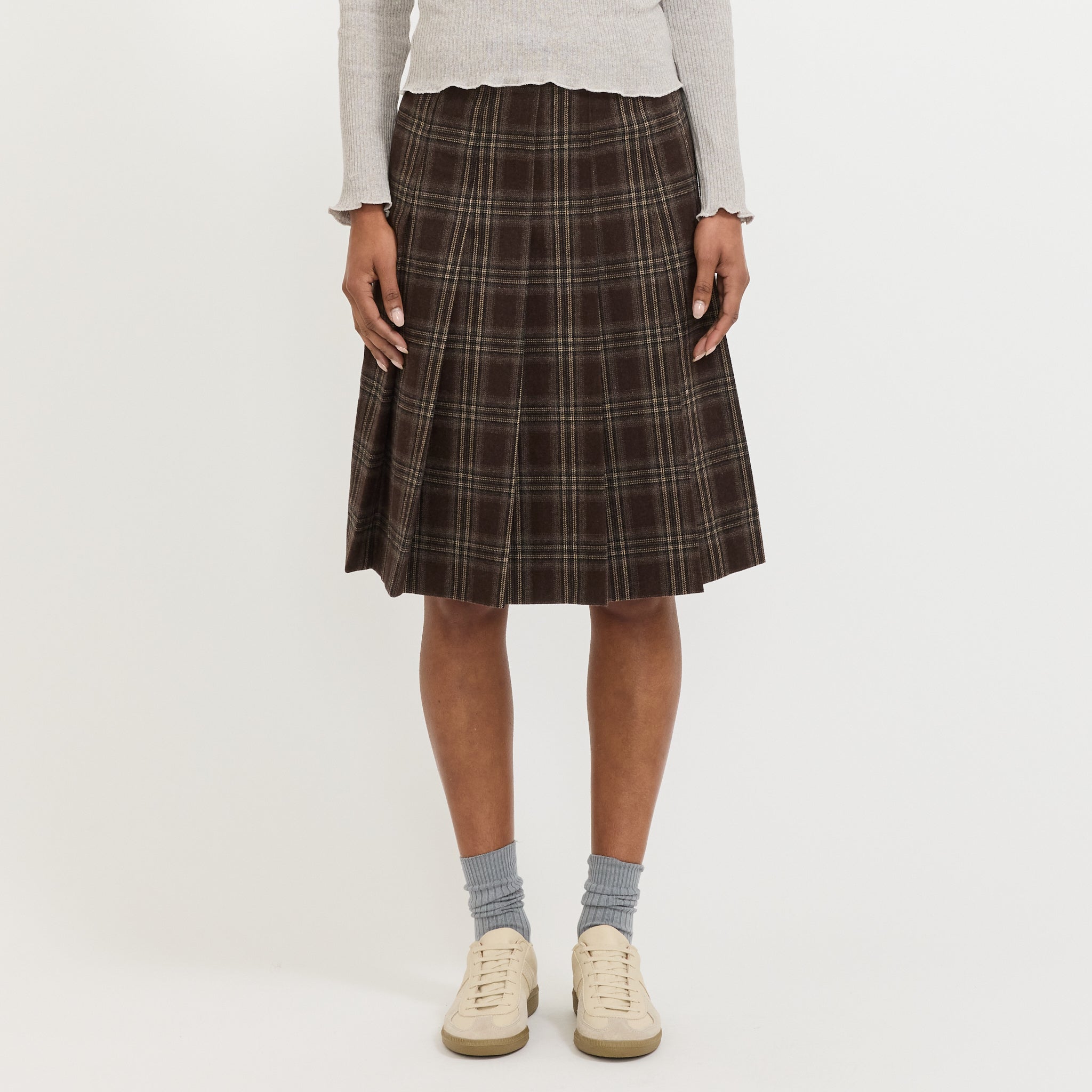 Flannel Pleats Midi Skirt Brown Check