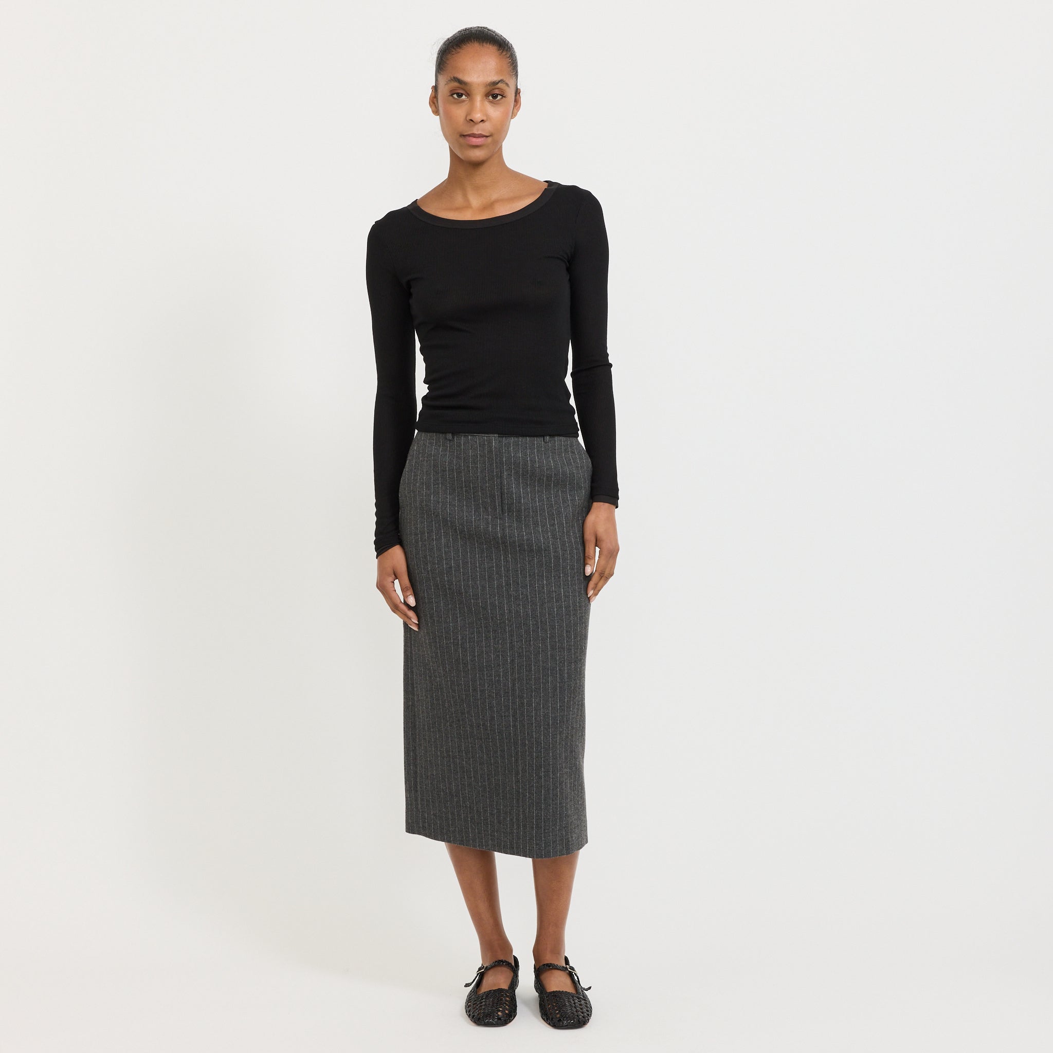 H-Line Long Skirt Grey Stripe