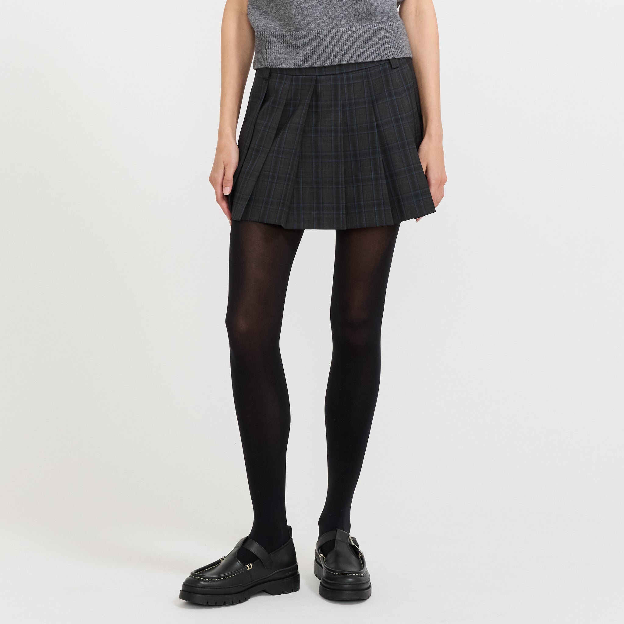 Pleats Mini Checked Skirt Charcoal/Blue Check