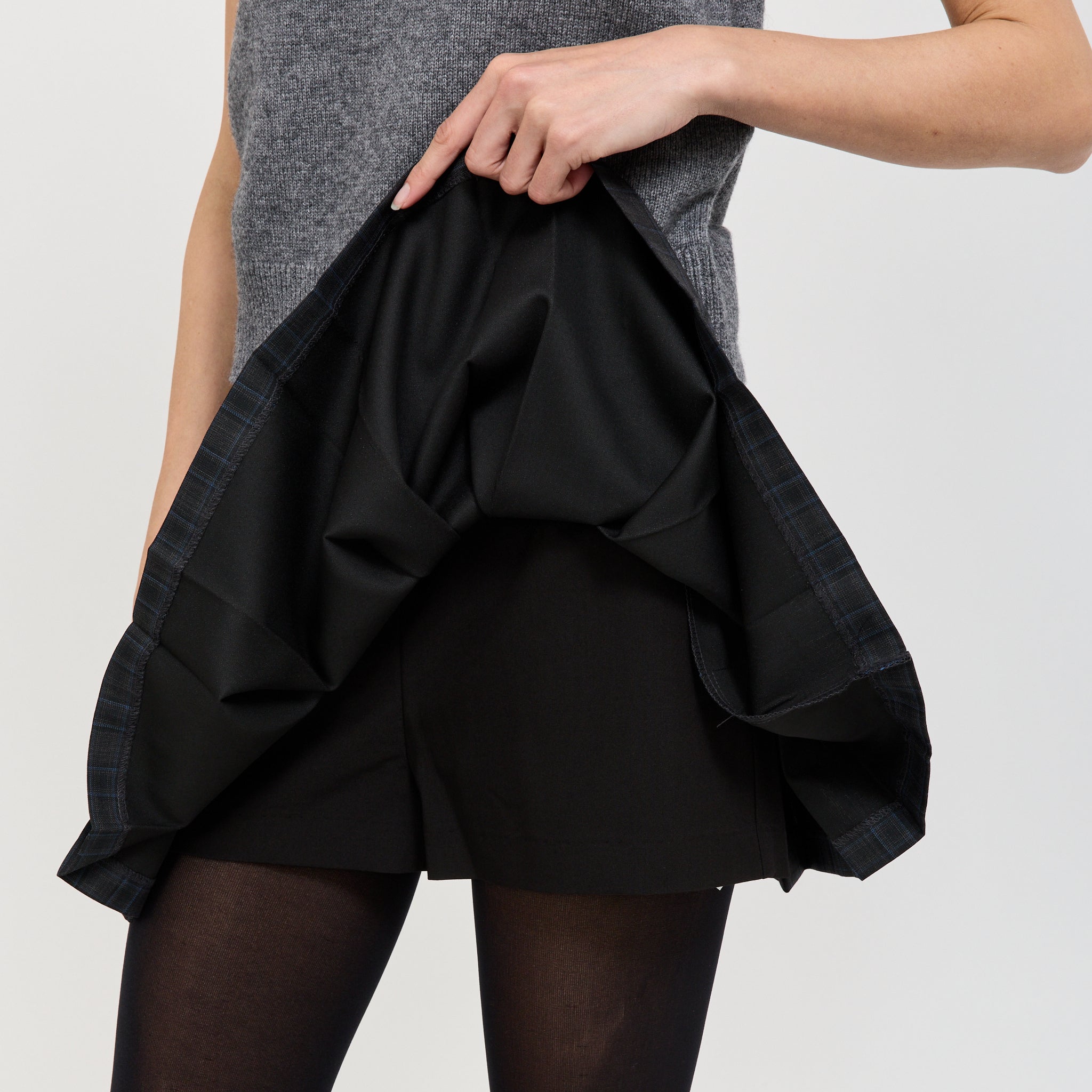 Pleats Mini Checked Skirt Charcoal/Blue Check