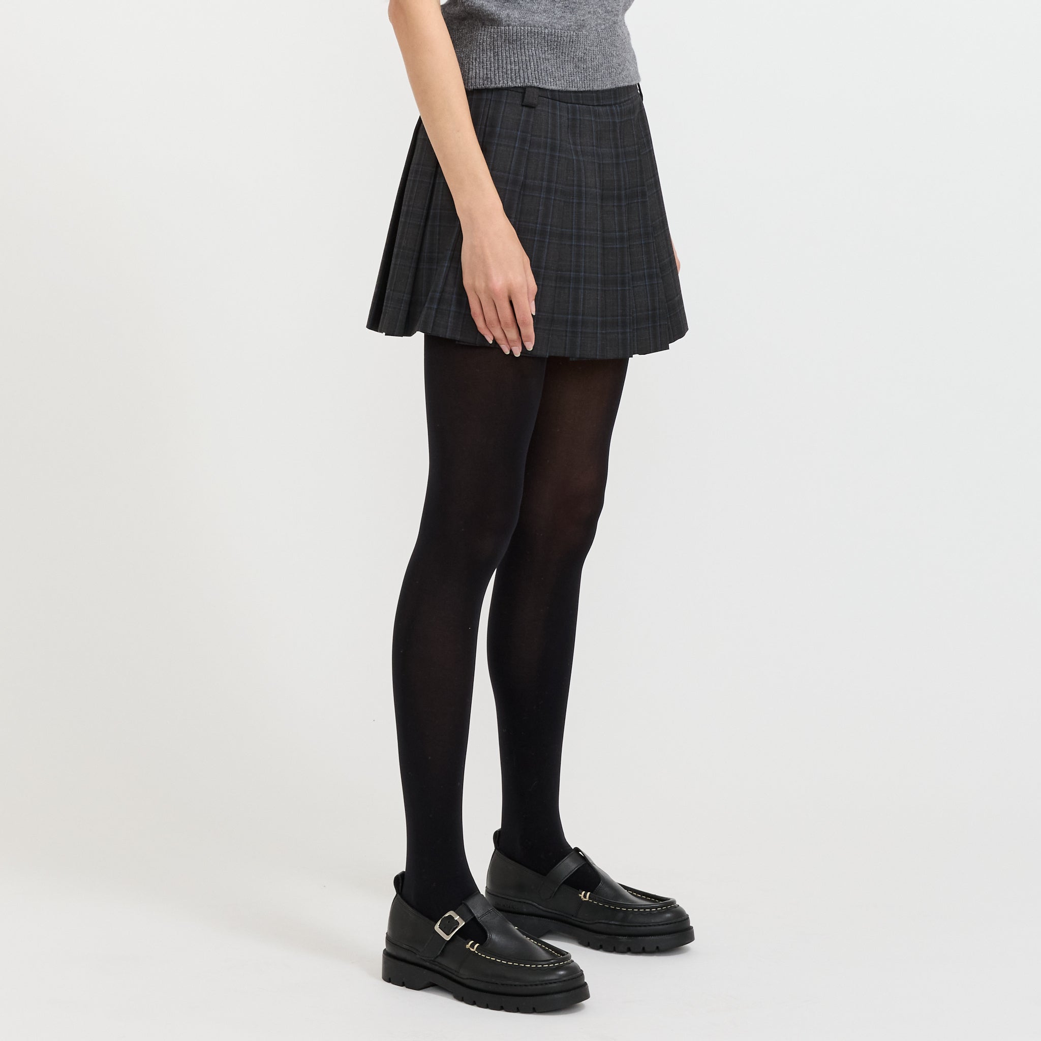 Pleats Mini Checked Skirt Charcoal/Blue Check