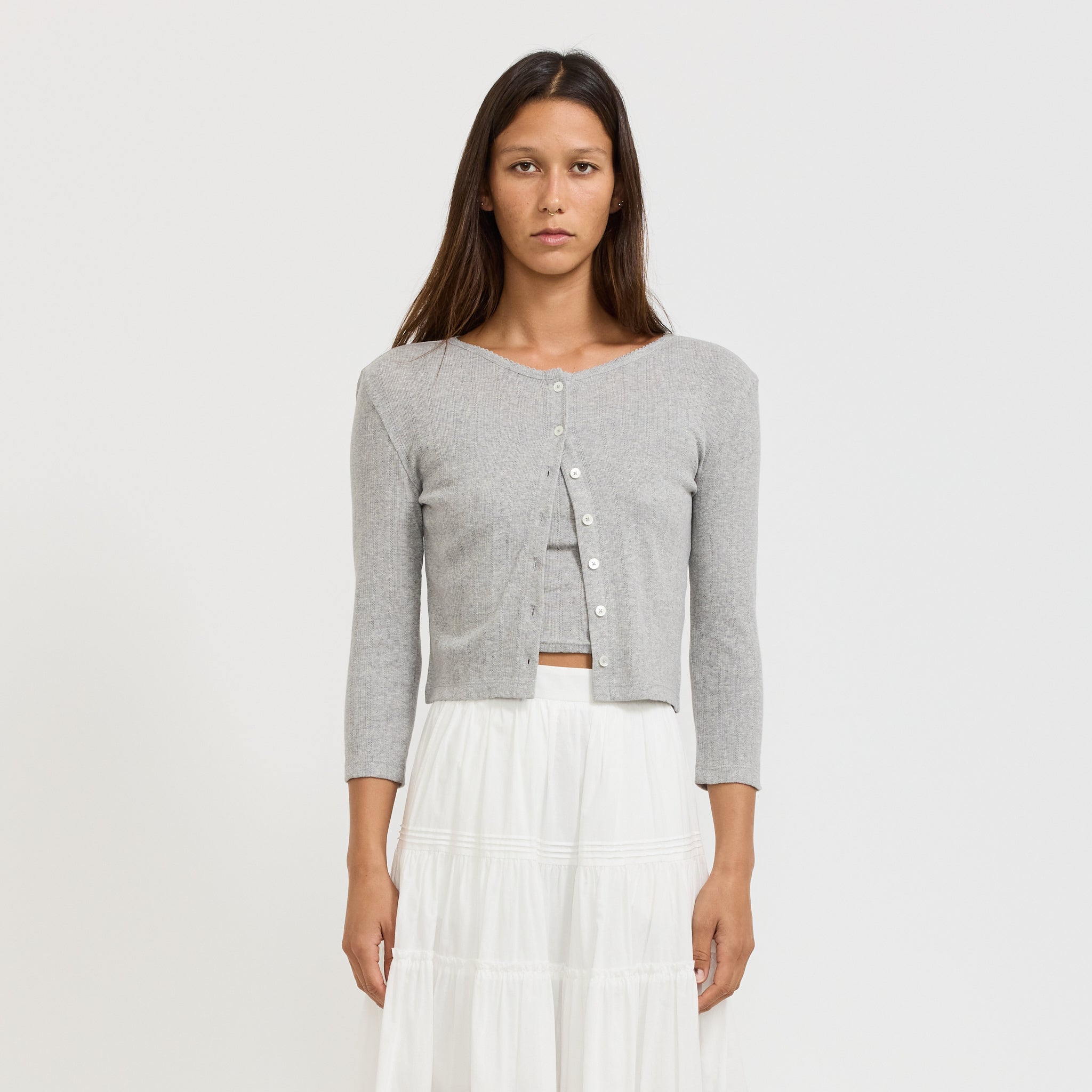 Pointelle Crewneck Cardigan Melange Grey