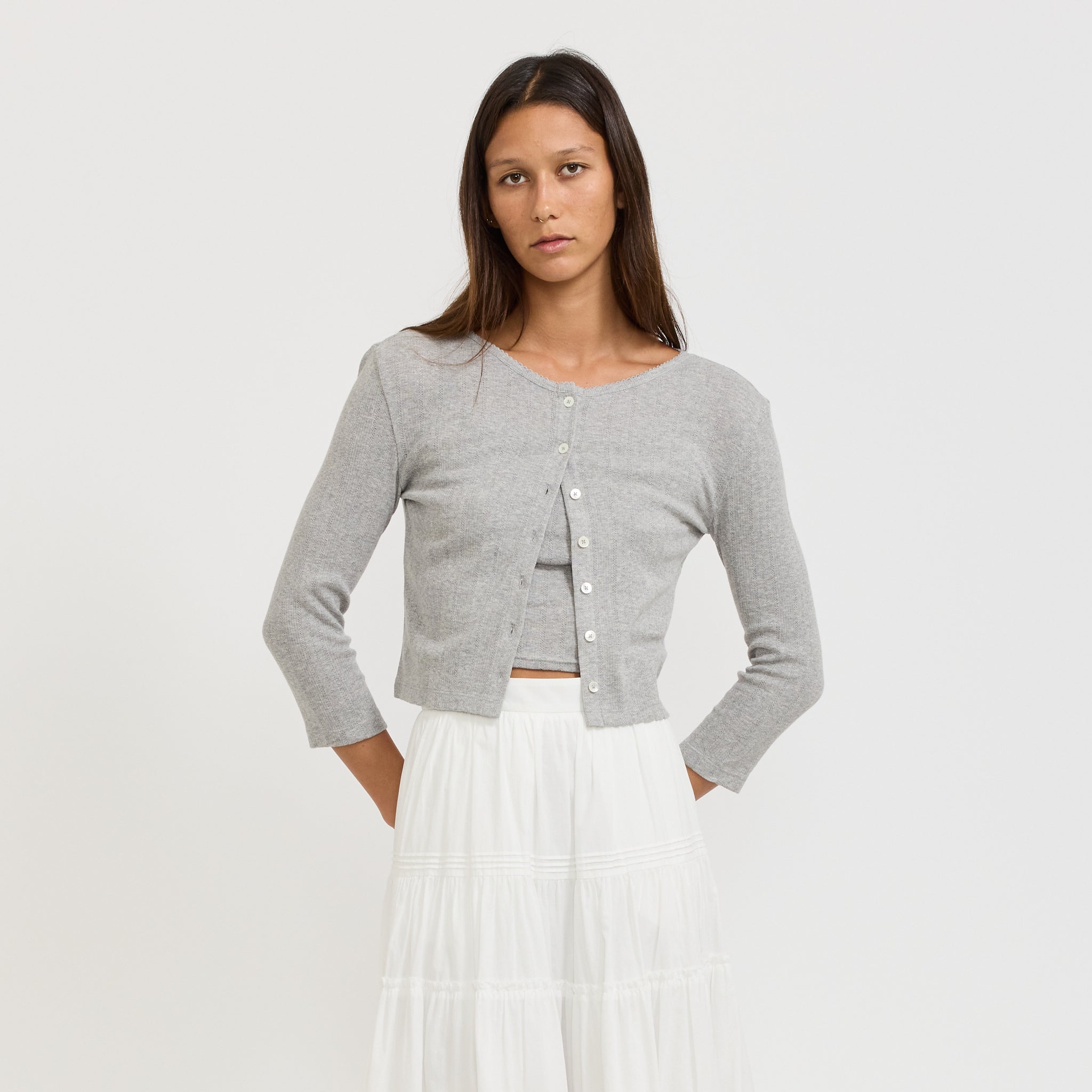 Pointelle Crewneck Cardigan Melange Grey